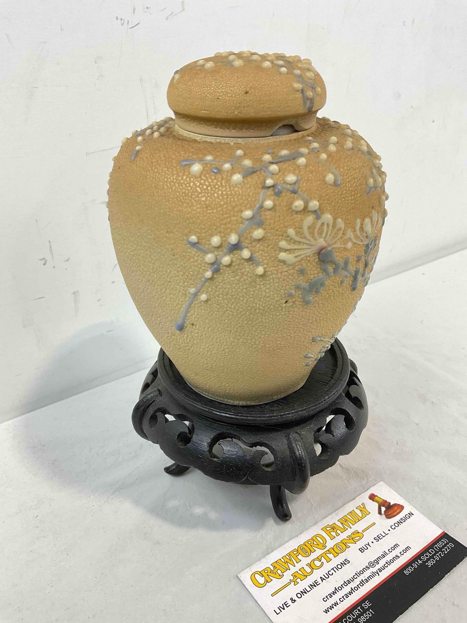 Vintage Chinese Beige & Blue Ceramic Jar on Wooden Stand. Very Good Condition. See pics. - 3