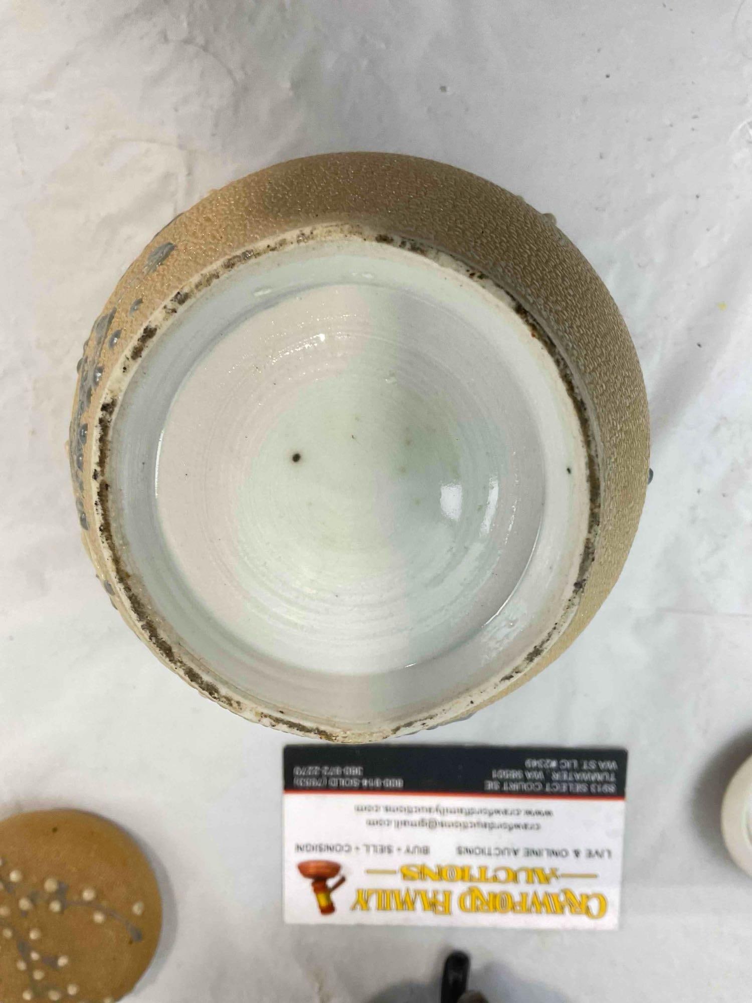 Vintage Chinese Beige & Blue Ceramic Jar on Wooden Stand. Very Good Condition. See pics. - 6