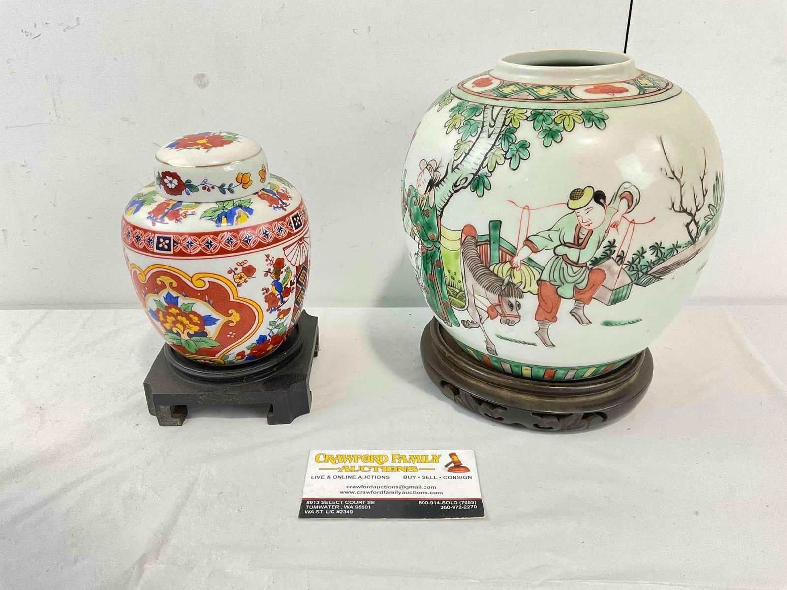 2 pcs Vintage Chinese Off White Ceramic Jars on Wooden Stands. Very Good Condition. See pics.: 2 pcs Vintage Chinese Off White Ceramic Jars on Wooden Stands. Very Good Condition. One could be missing lid, minor wear indicative of age, condition is otherwise very good. Larger measures 8" x 8" x