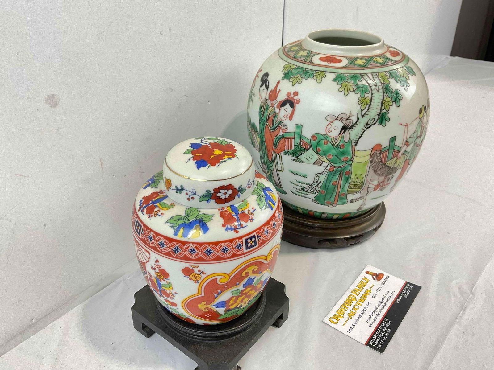 2 pcs Vintage Chinese Off White Ceramic Jars on Wooden Stands. Very Good Condition. See pics. - 2