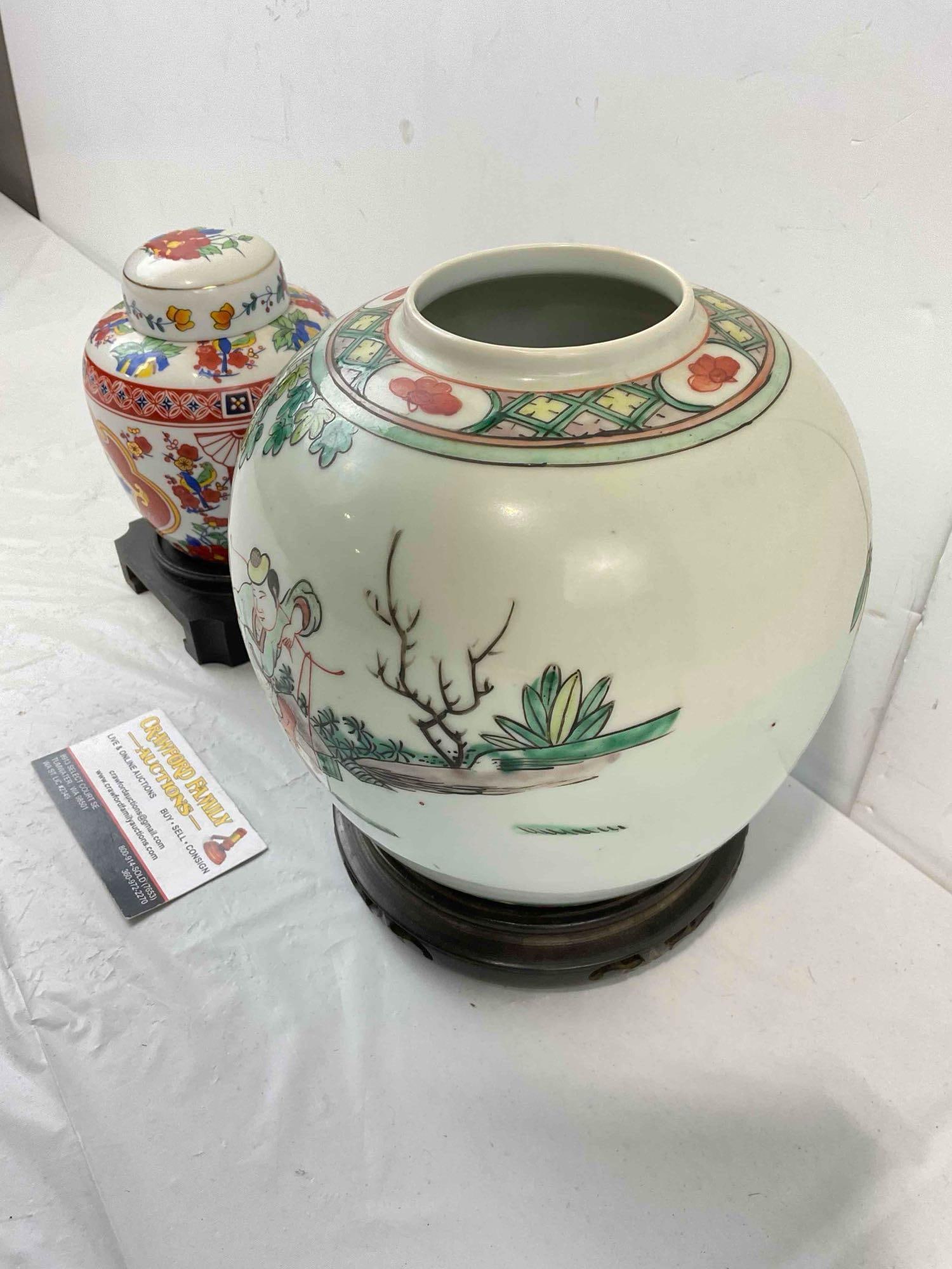 2 pcs Vintage Chinese Off White Ceramic Jars on Wooden Stands. Very Good Condition. See pics. - 3