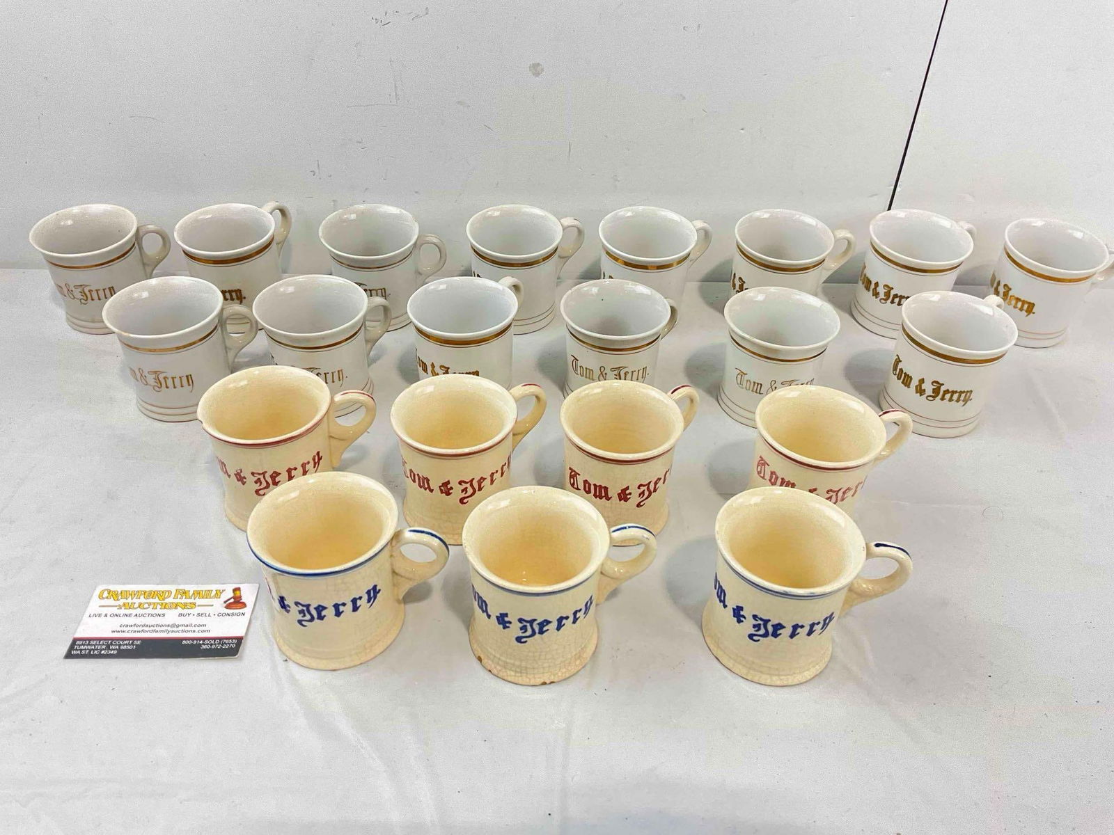 21 pcs Vintage Made in Japan Ceramic Tom & Jerry Cocktail Punch Mugs. Very Good Condition.: 21 pcs Vintage Made in Japan Ceramic Tom & Jerry Cocktail Punch Mugs. Very Good Condition. Minor wear indicative of age, condition is otherwise very good. Largest measures 3" x 4" x 4" DM-5360