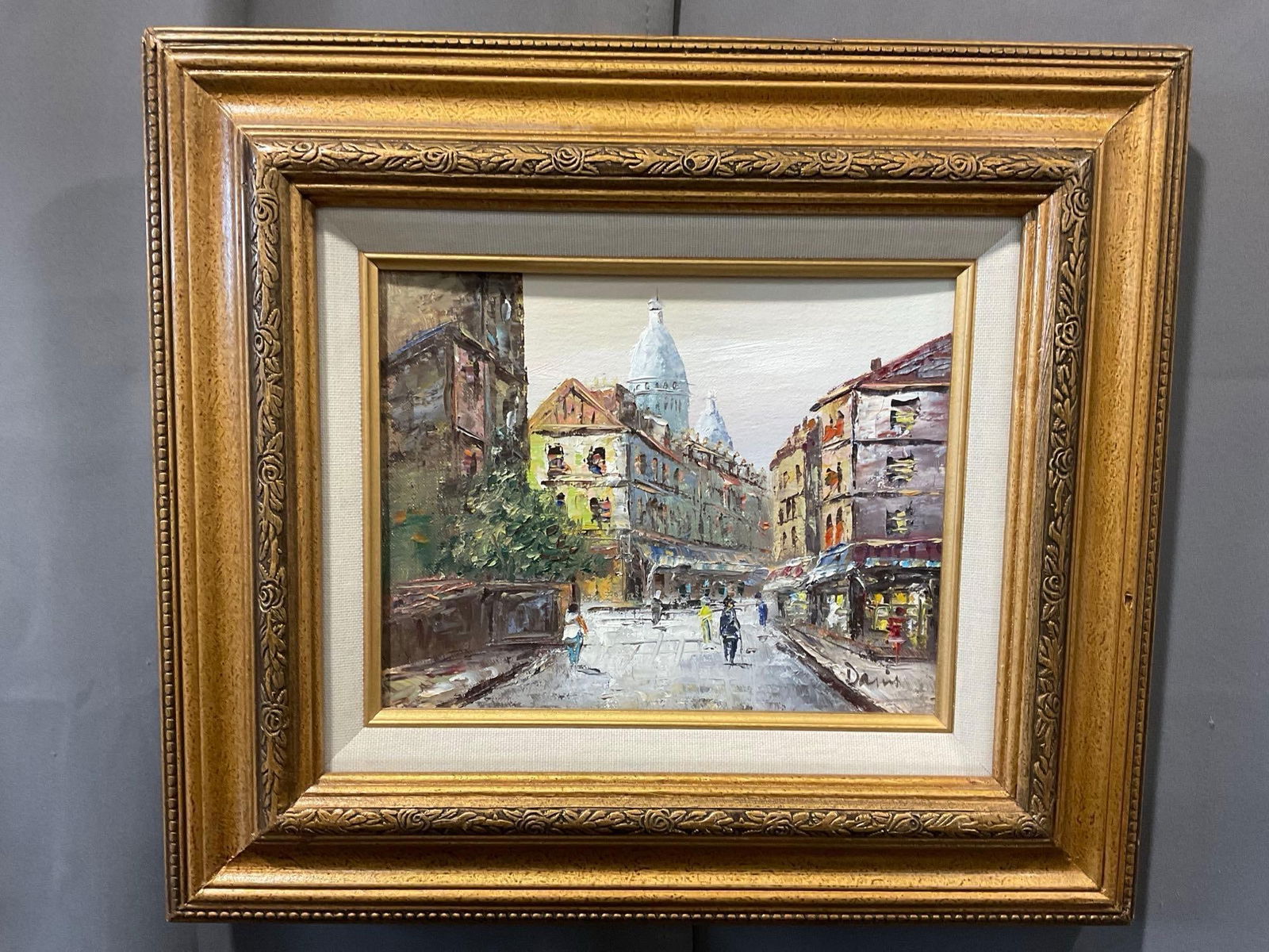 Vintage Framed Oil on Canvas, Paris, Sacre-Coeur in background, 16h x 18w x 3d inches: Appears to be in good shape. The piece measures approx 16h x 18w x 3d inches. See pics. E-5430 