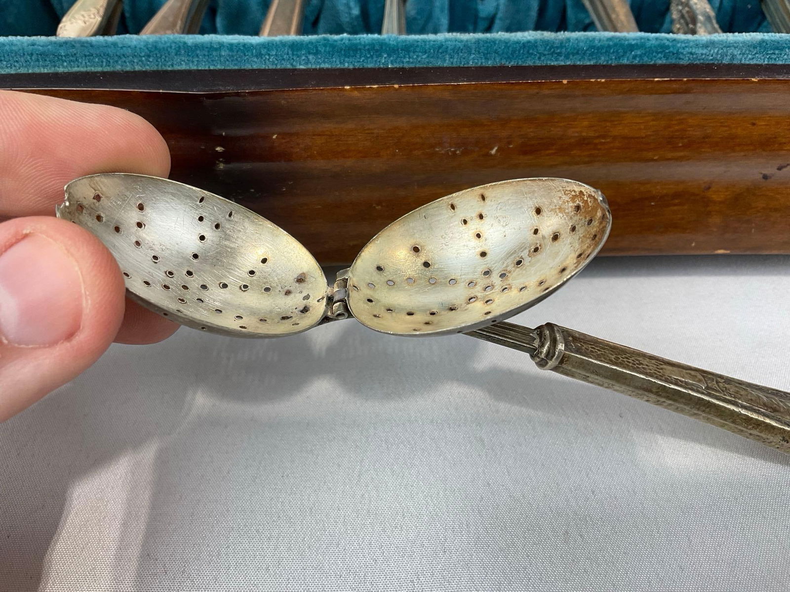 Vintage Flatware Case w/ Sterling Spoons, 125.2 grams ttw & Antique Servingware, marked 6/22/1875 - 10