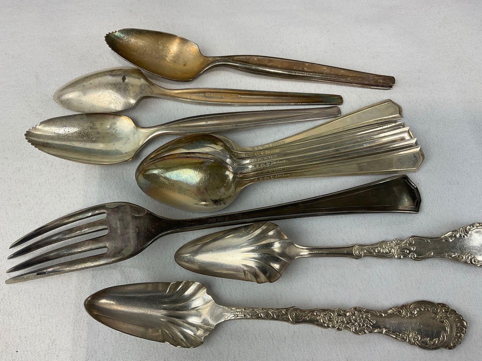 Vintage Flatware Case w/ Sterling Spoons, 125.2 grams ttw & Antique Servingware, marked 6/22/1875 - 11