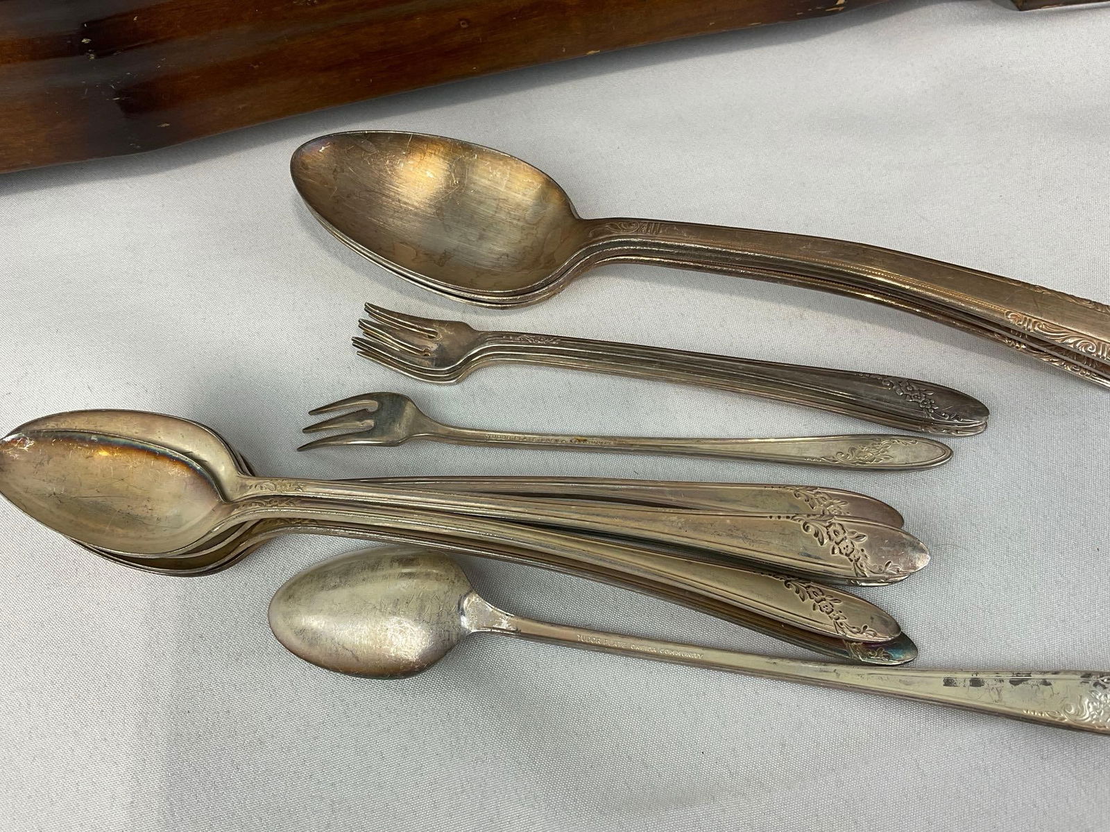 Vintage Flatware Case w/ Sterling Spoons, 125.2 grams ttw & Antique Servingware, marked 6/22/1875 - 12