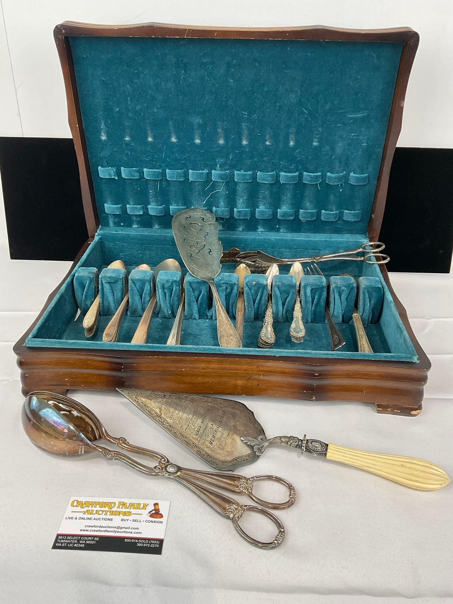Vintage Flatware Case w/ Sterling Spoons, 125.2 grams ttw & Antique Servingware, marked 6/22/1875 (1 of 17)