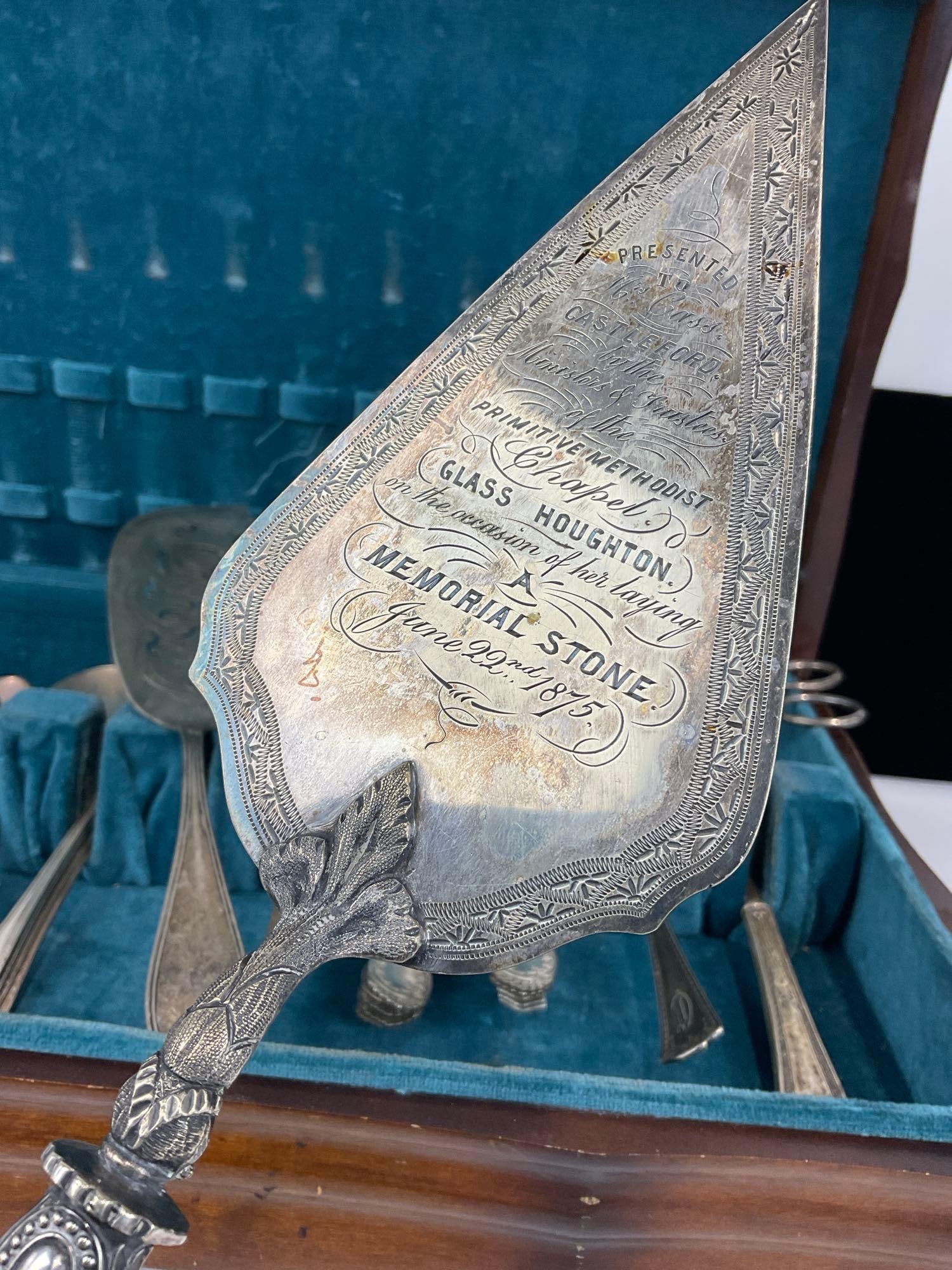 Vintage Flatware Case w/ Sterling Spoons, 125.2 grams ttw & Antique Servingware, marked 6/22/1875 - 2