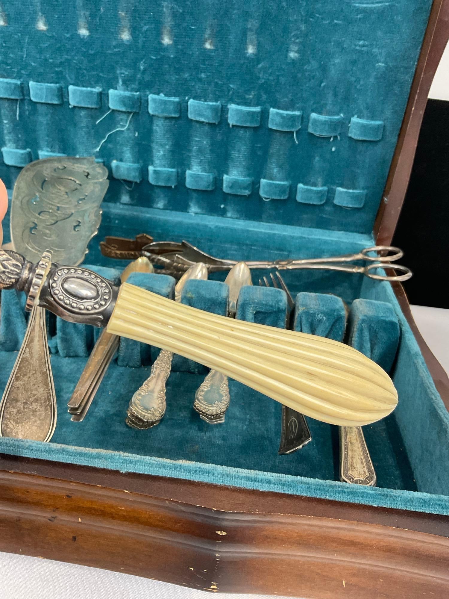 Vintage Flatware Case w/ Sterling Spoons, 125.2 grams ttw & Antique Servingware, marked 6/22/1875 - 3