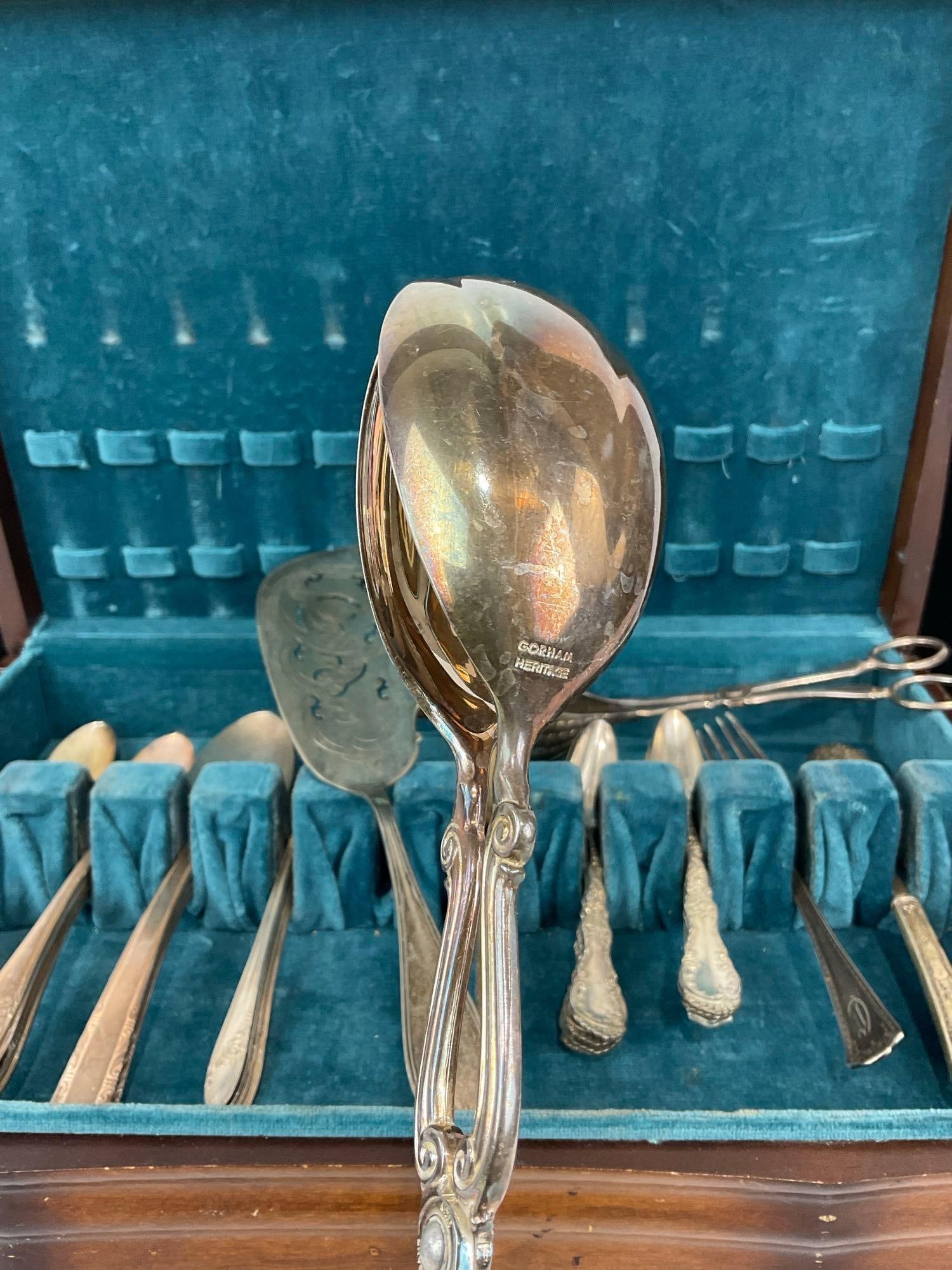 Vintage Flatware Case w/ Sterling Spoons, 125.2 grams ttw & Antique Servingware, marked 6/22/1875 - 4