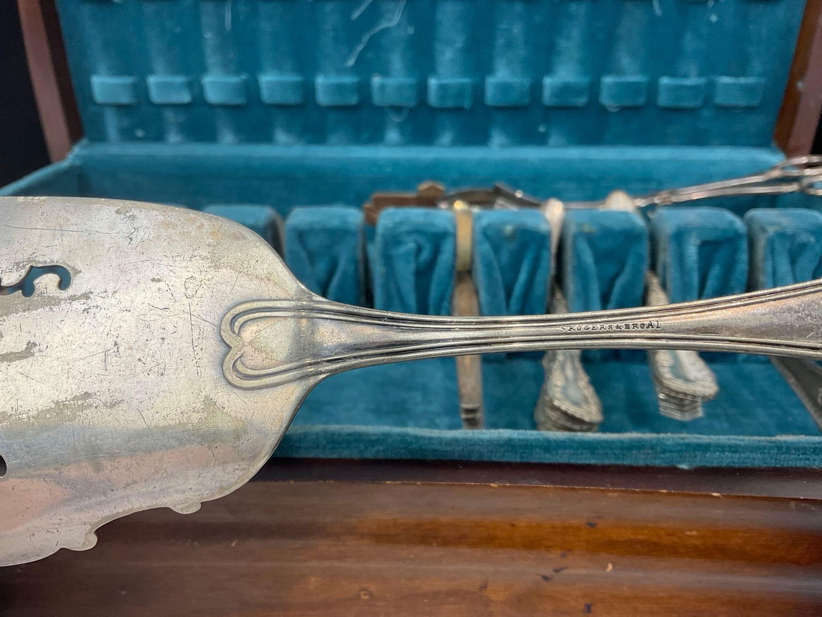 Vintage Flatware Case w/ Sterling Spoons, 125.2 grams ttw & Antique Servingware, marked 6/22/1875 - 7