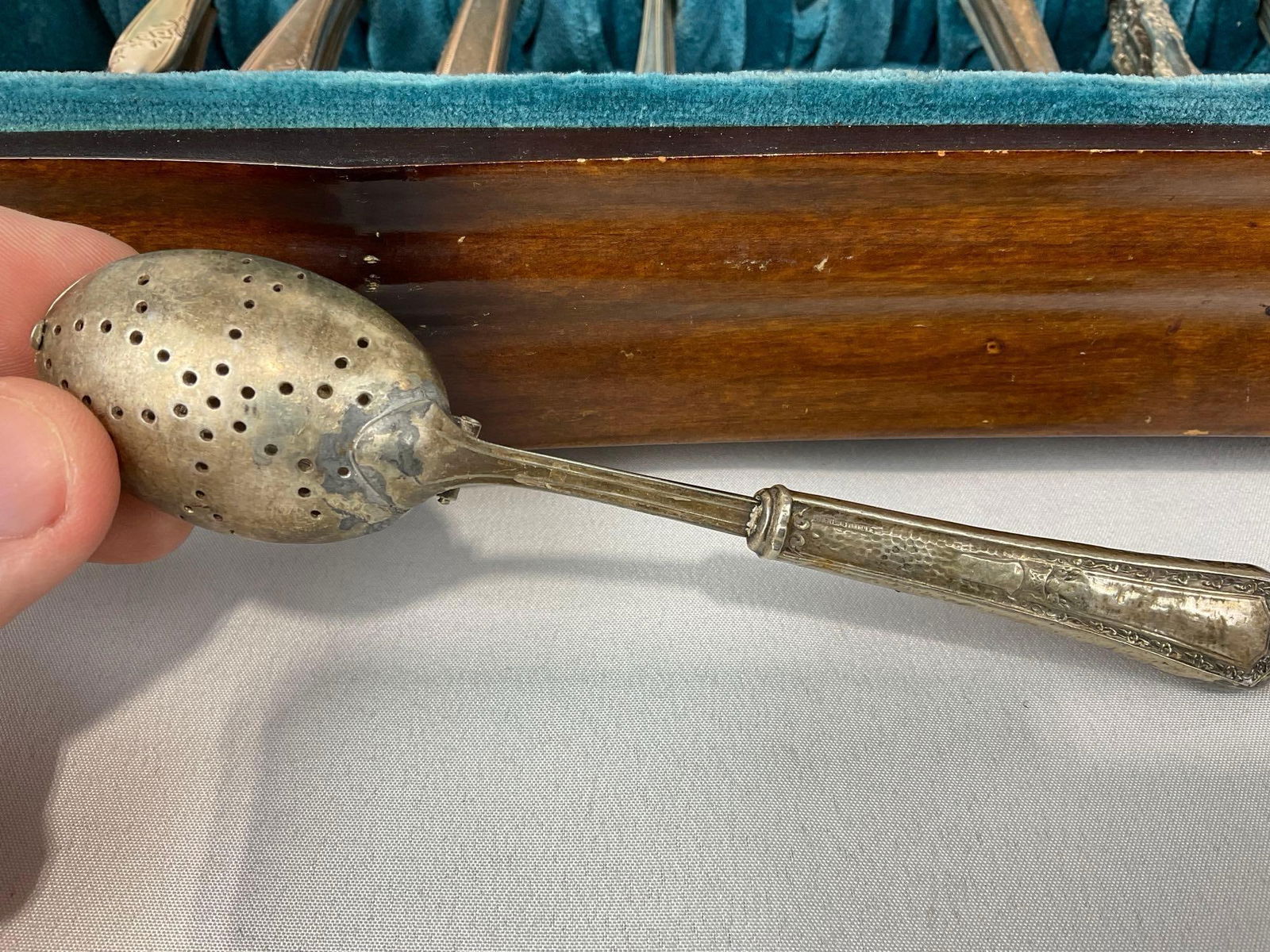 Vintage Flatware Case w/ Sterling Spoons, 125.2 grams ttw & Antique Servingware, marked 6/22/1875 - 9