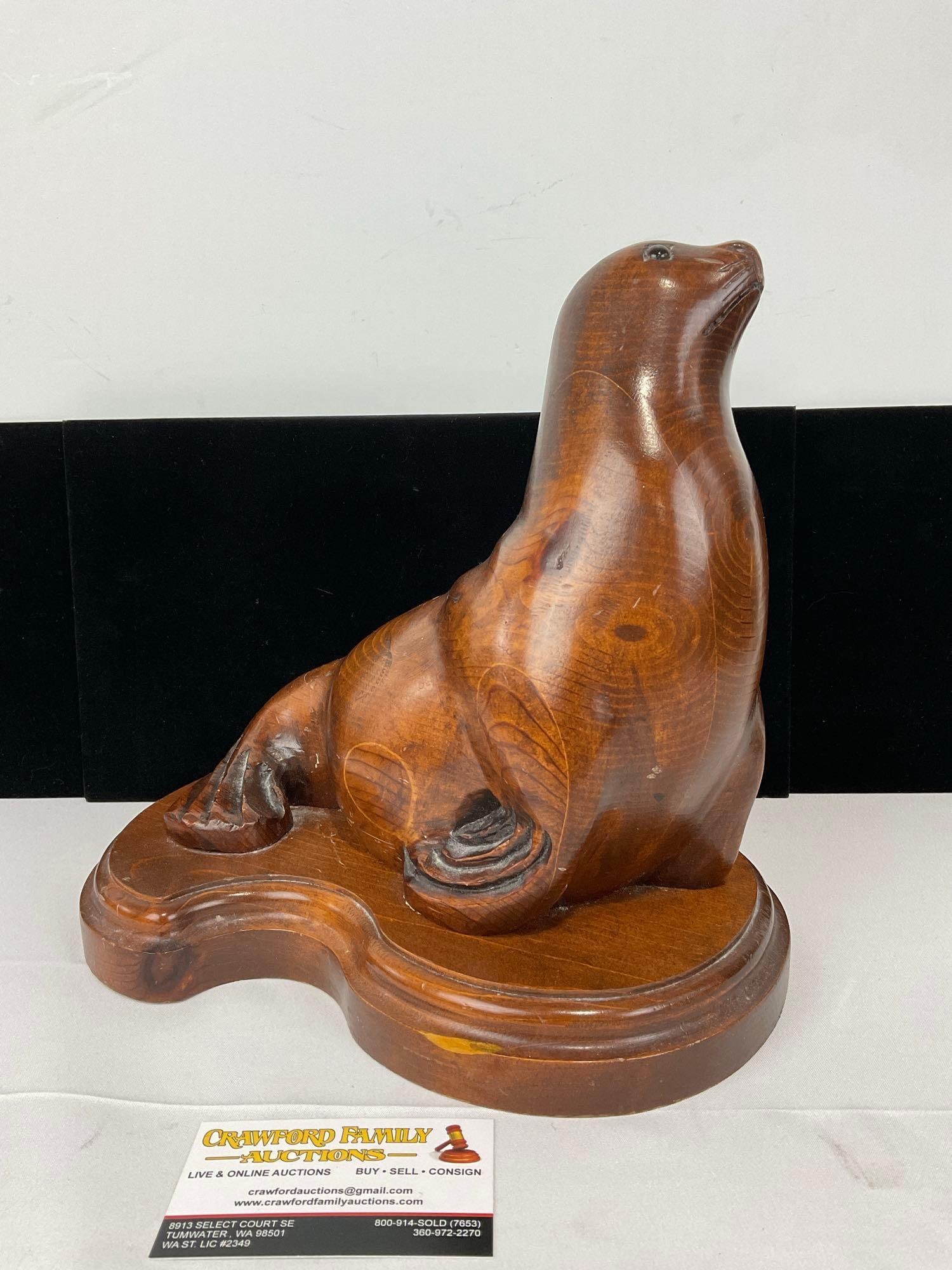 Carved Wooden Seal Statue, Wood Base, Lovely stain & woodgrain, 11h x 12w x 8d inches (1 of 5)