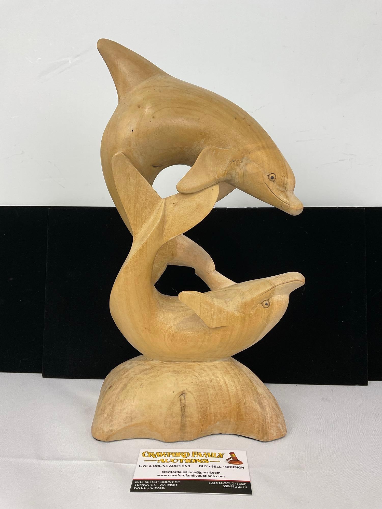 Handcarved Wooden Double Dolphin Statues, 14h x 8w x 5d inches (1 of 4)