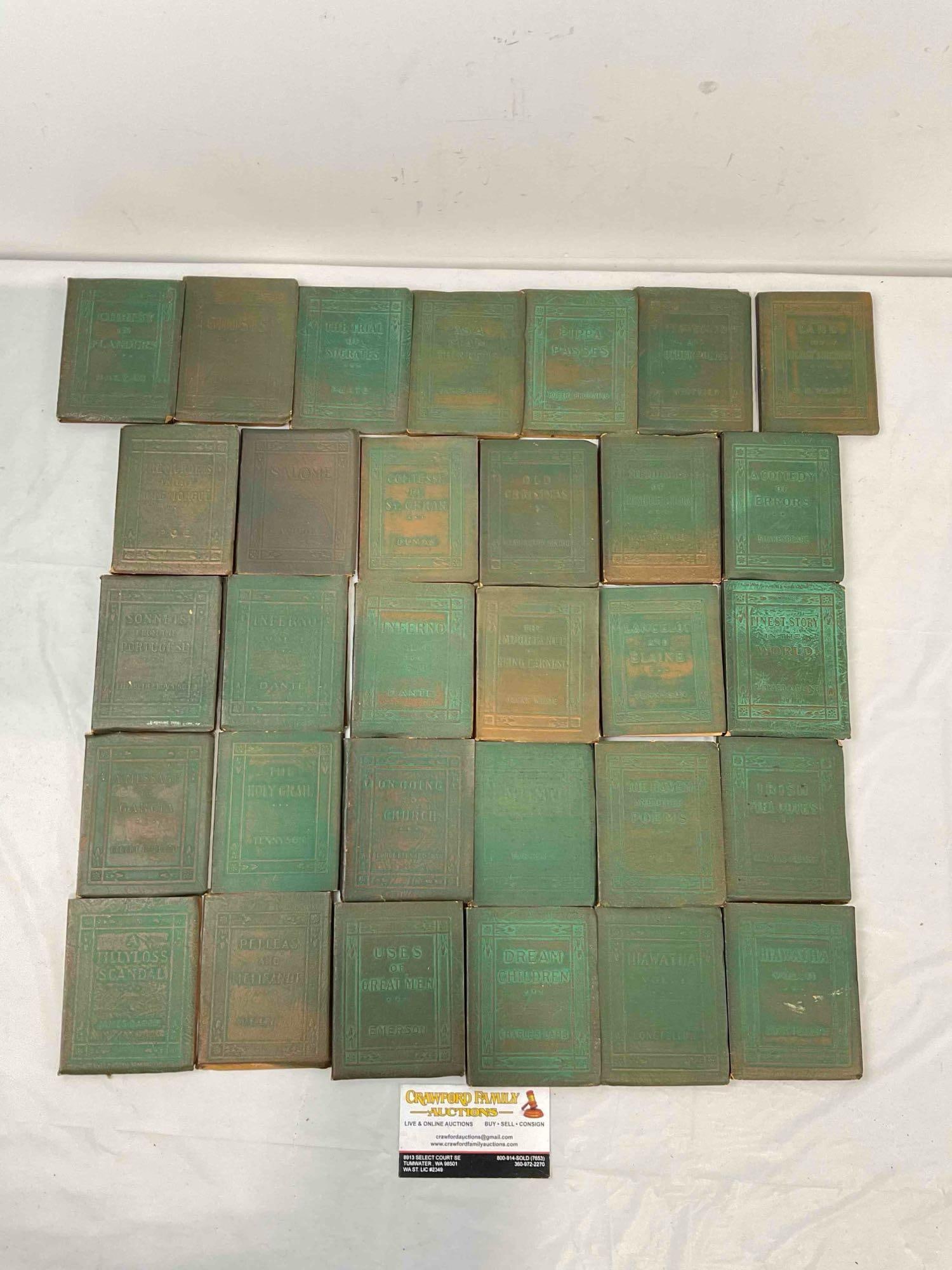 31 pcs Antique Little Leather Library Miniature Books, incl. Shakespeare, Poe, Dante & More.: 31 pcs Antique Little Leather Library Miniature Books, incl. Shakespeare, Poe, Dante & More. Minor wear indicative of age, condition is otherwise very good. Fits in bag measuring 12" x 6" x 12"