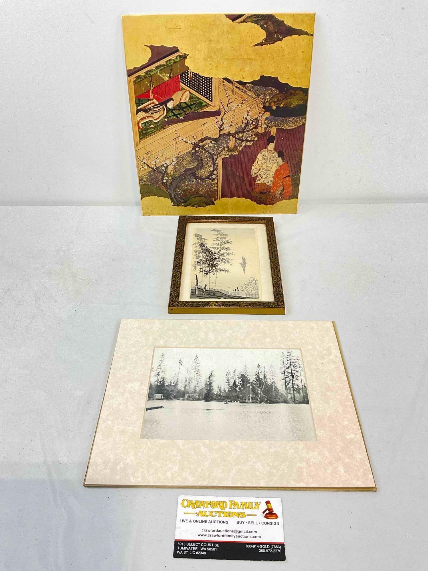 3 pcs Vintage Art Assortment, incl. Unframed Photograph of Man on Canoe & Framed Watercolor. (1 of 8)