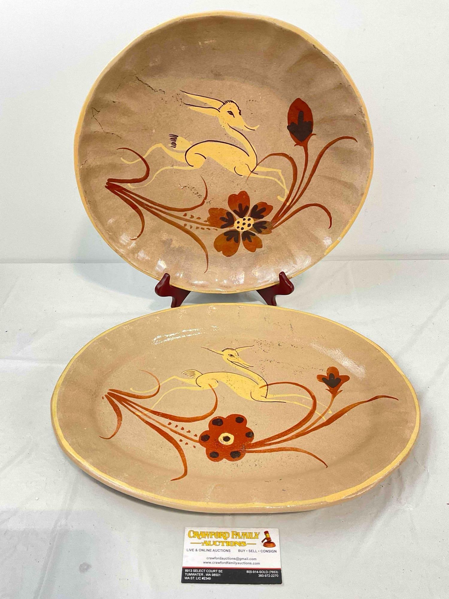 2 pcs Vintage Mexican Tonala Painted Pottery Decorative Plates w/ Leaping Gazelle Pattern. (1 of 5)
