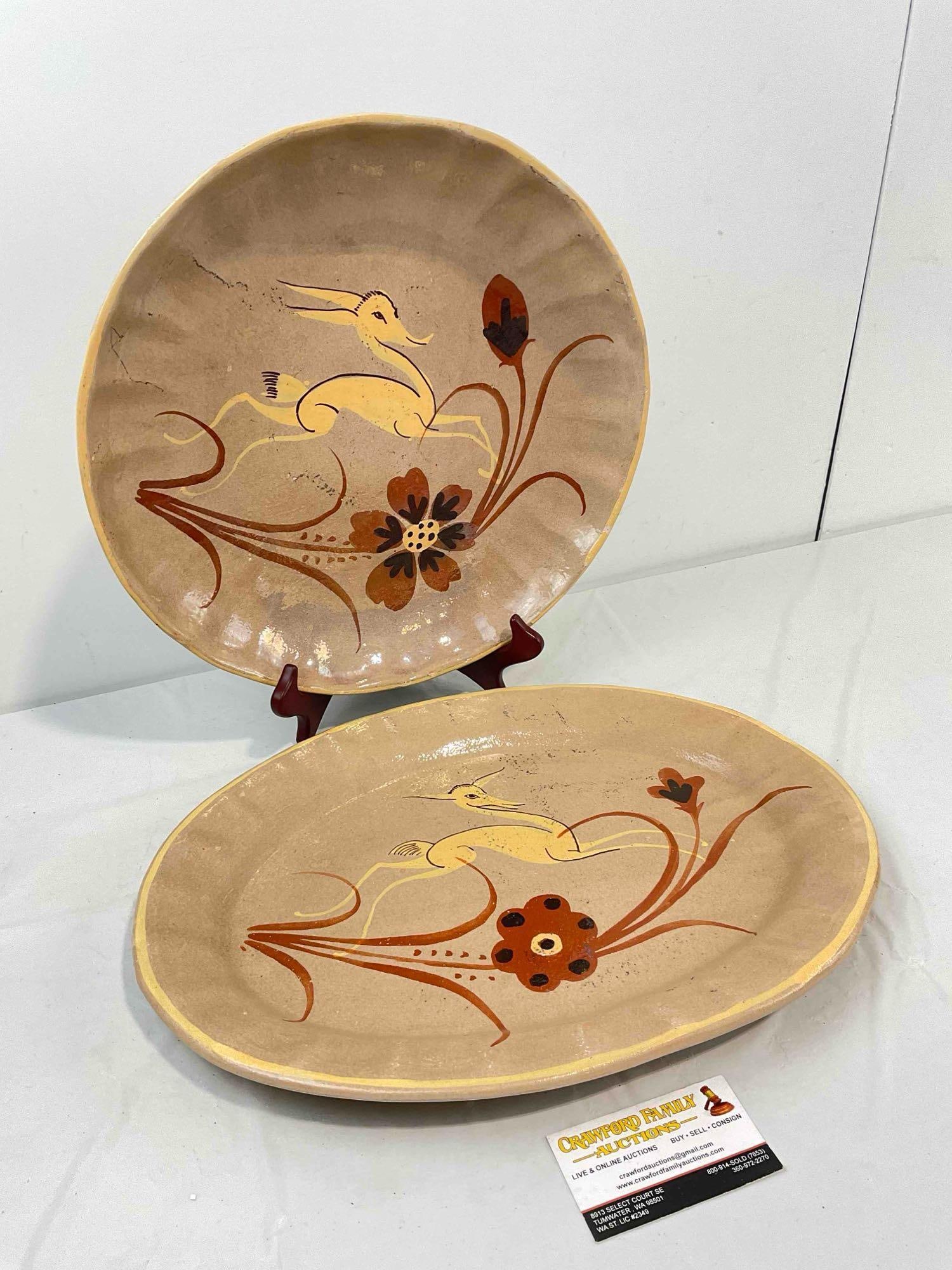2 pcs Vintage Mexican Tonala Painted Pottery Decorative Plates w/ Leaping Gazelle Pattern. - 3