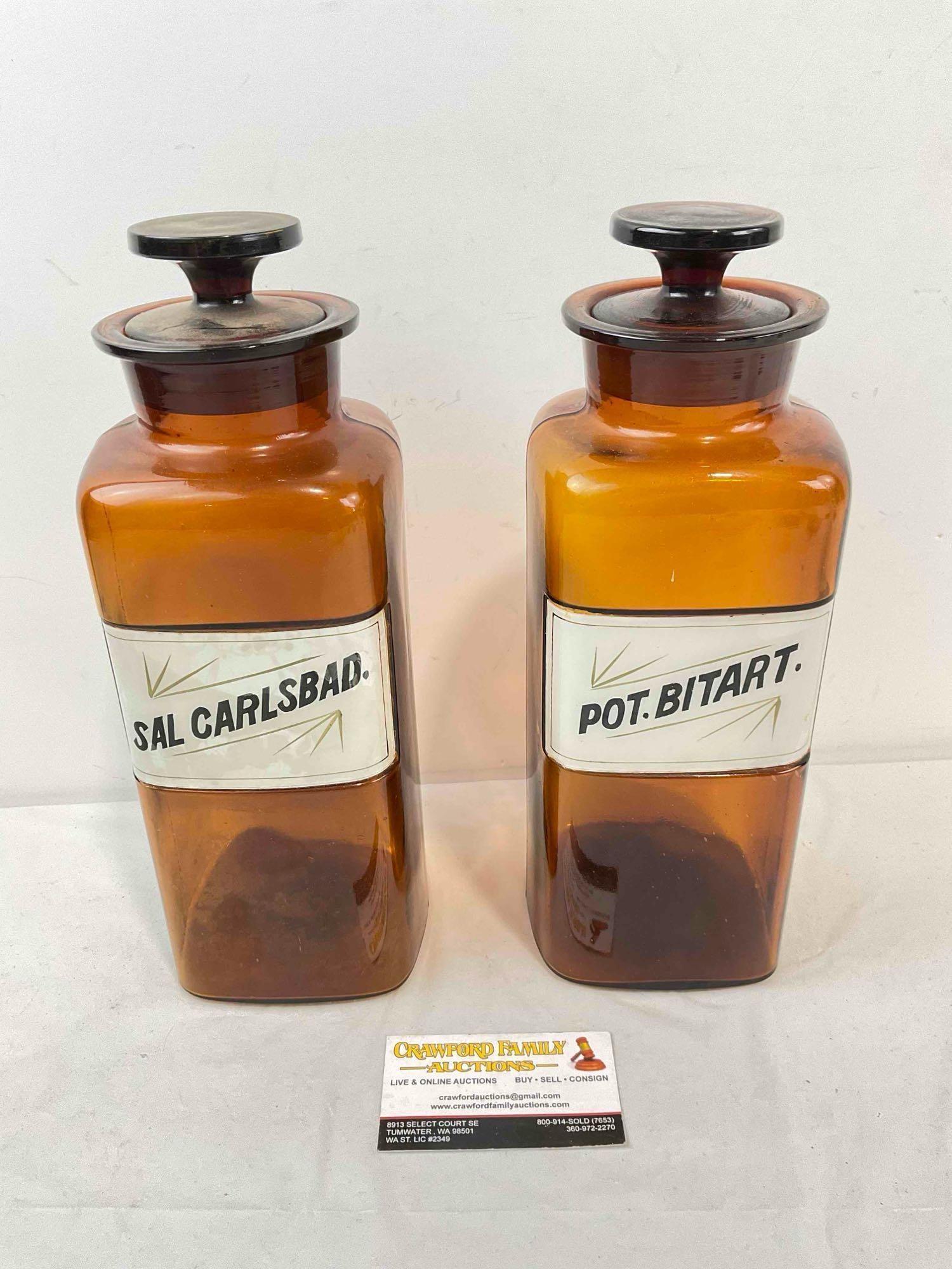 2 pcs Antique? Amber Brown Glass Apothecary Bottles w/ Labels. Excellent Condition. See pics.: 2 pcs Antique? Amber Brown Glass Apothecary Bottles w/ Labels. For Carlsbad Salt and Potassium Bitartrate. Excellent Condition. Measures 4" x 4" x 12" DM-5360 