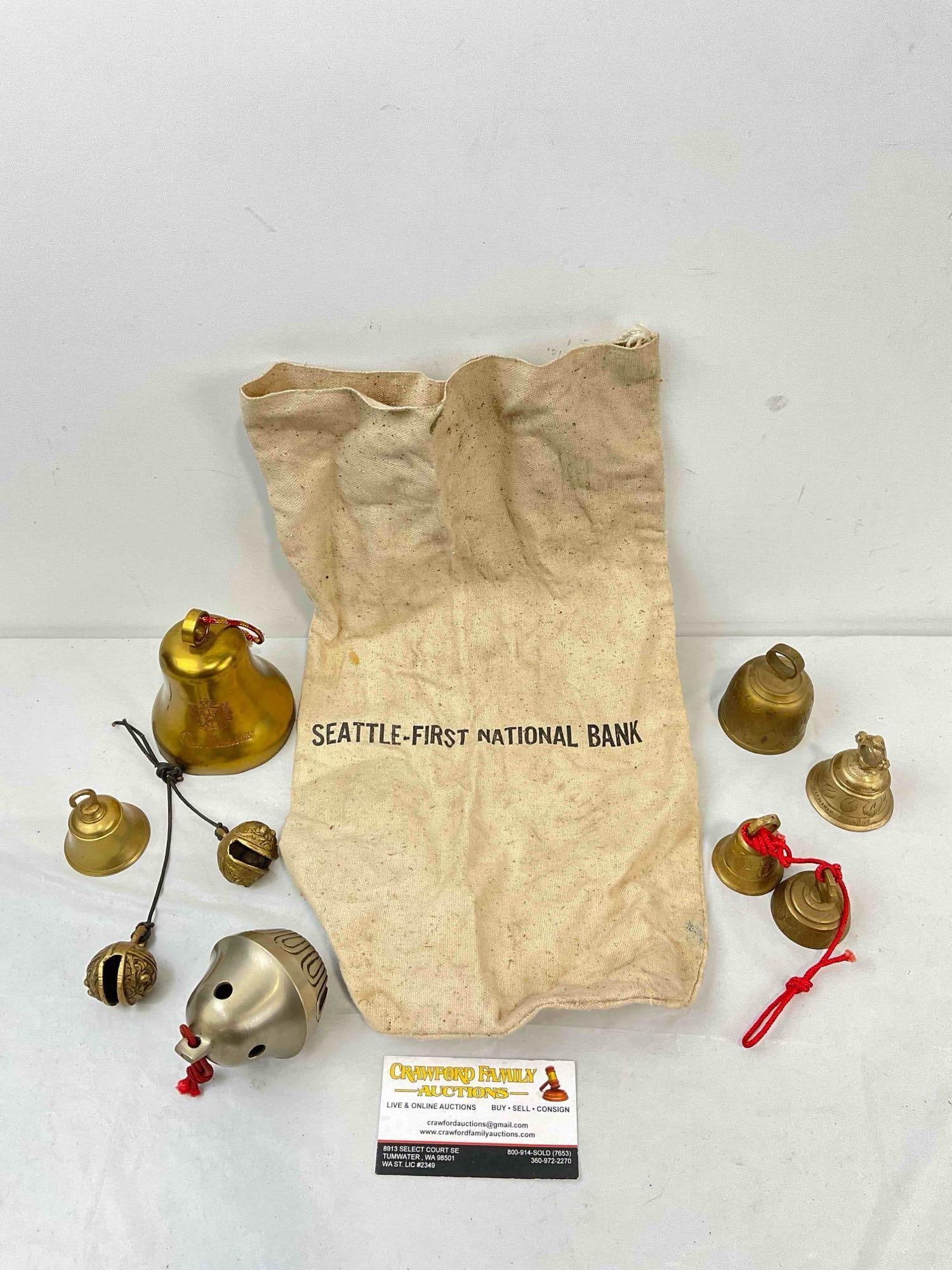 8 pcs Vintage Collectibles, incl. 7x Metal Bells & 1x Canvas Bag. Good Condition. See pics.: 8 pcs Vintage Collectibles, incl. 7x Metal Bells & 1x Canvas Bag. Good Condition. Bag needs a wash, pieces have wear indicative of age, condition is otherwise good. Largest measures 10" x 18" x