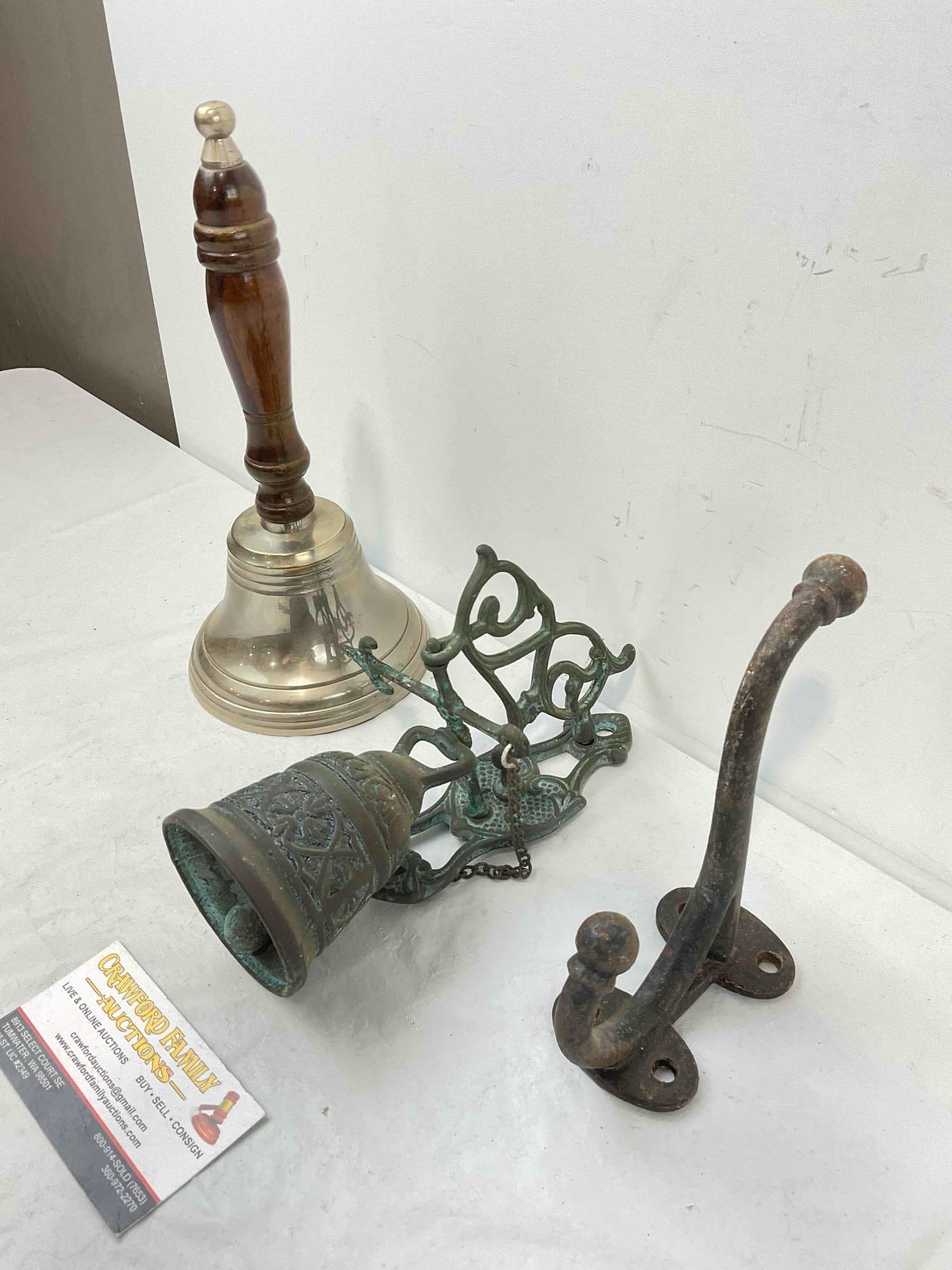 3 pcs Metal Assortment, incl. Vintage Metal Door Bell, Cast Iron Hook & Wood Handled Bell. - 2