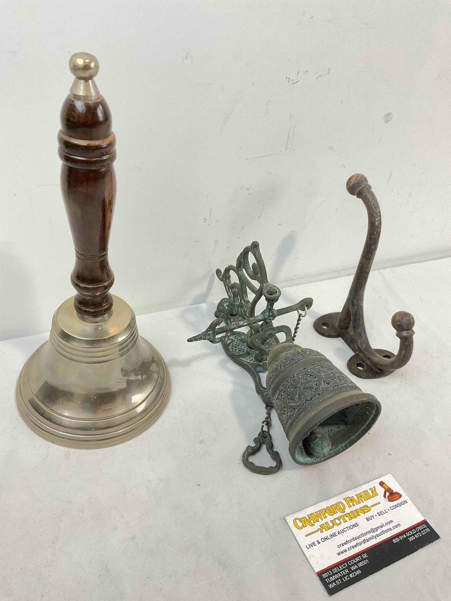 3 pcs Metal Assortment, incl. Vintage Metal Door Bell, Cast Iron Hook & Wood Handled Bell. - 3