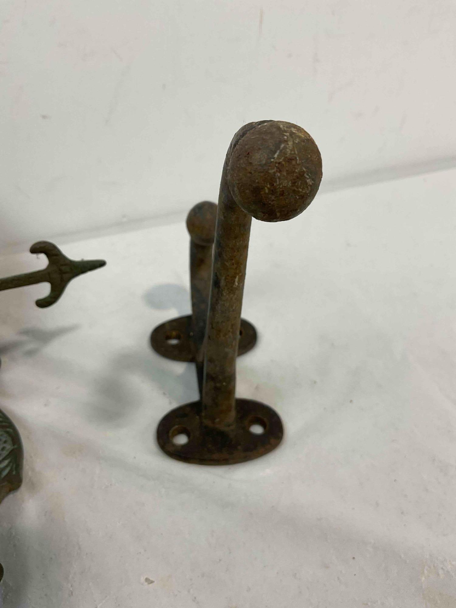 3 pcs Metal Assortment, incl. Vintage Metal Door Bell, Cast Iron Hook & Wood Handled Bell. - 5