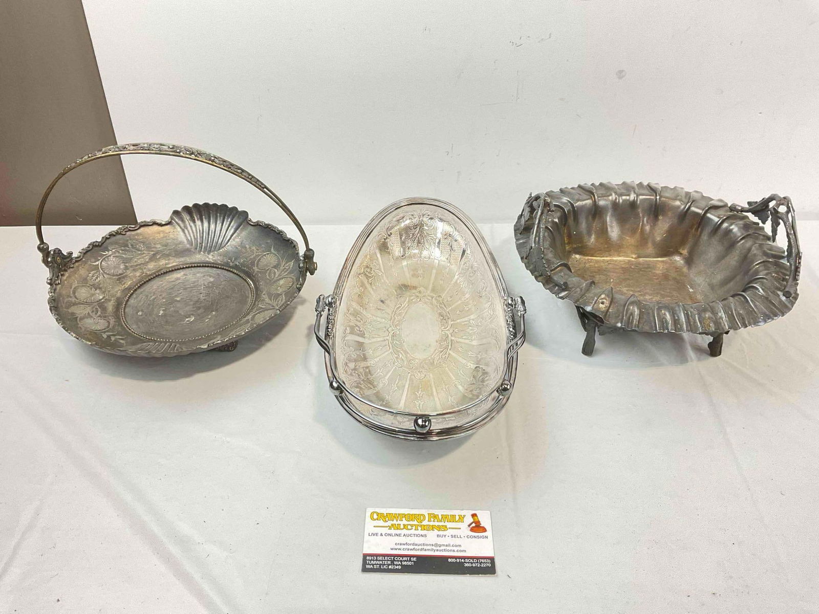 3 pcs Antique Silver Plated Cake Baskets, incl. James W. Tuft & Rockford. Very Good Condition.: 3 pcs Antique Silver Plated Cake Baskets, incl. James W. Tuft & Rockford. Very Good Condition. Minor wear indicative of age, condition is otherwise very good. Largest measures 16" x 7" x 4"