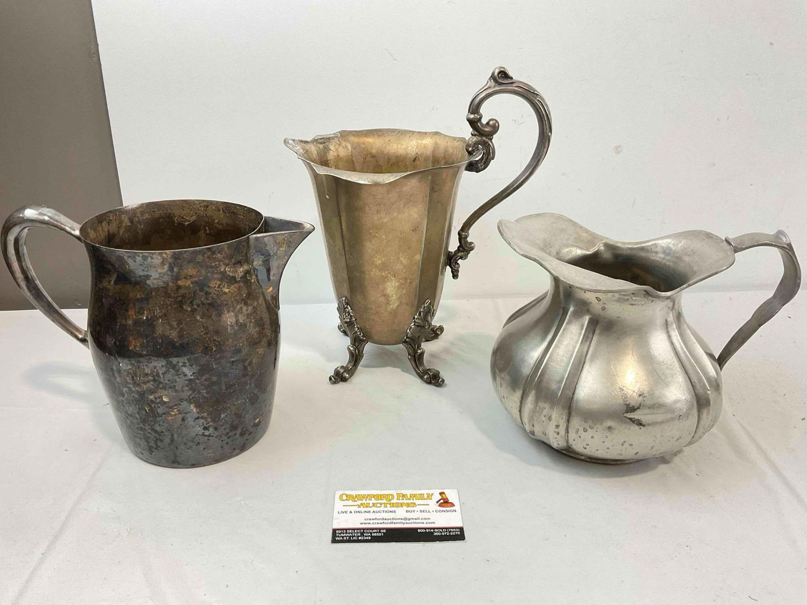 3 pcs Vintage Water Pitcher, incl. 2x Silver Plated & 1x Pewter. Very Good Condition. See pics. (1 of 7)