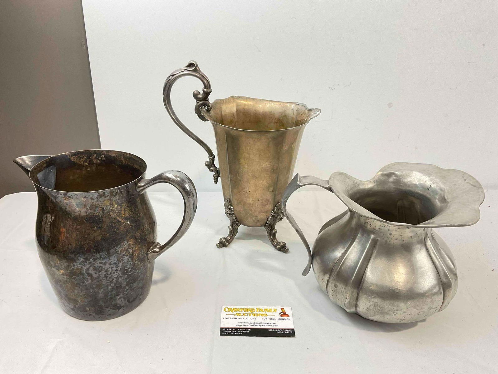 3 pcs Vintage Water Pitcher, incl. 2x Silver Plated & 1x Pewter. Very Good Condition. See pics. - 4