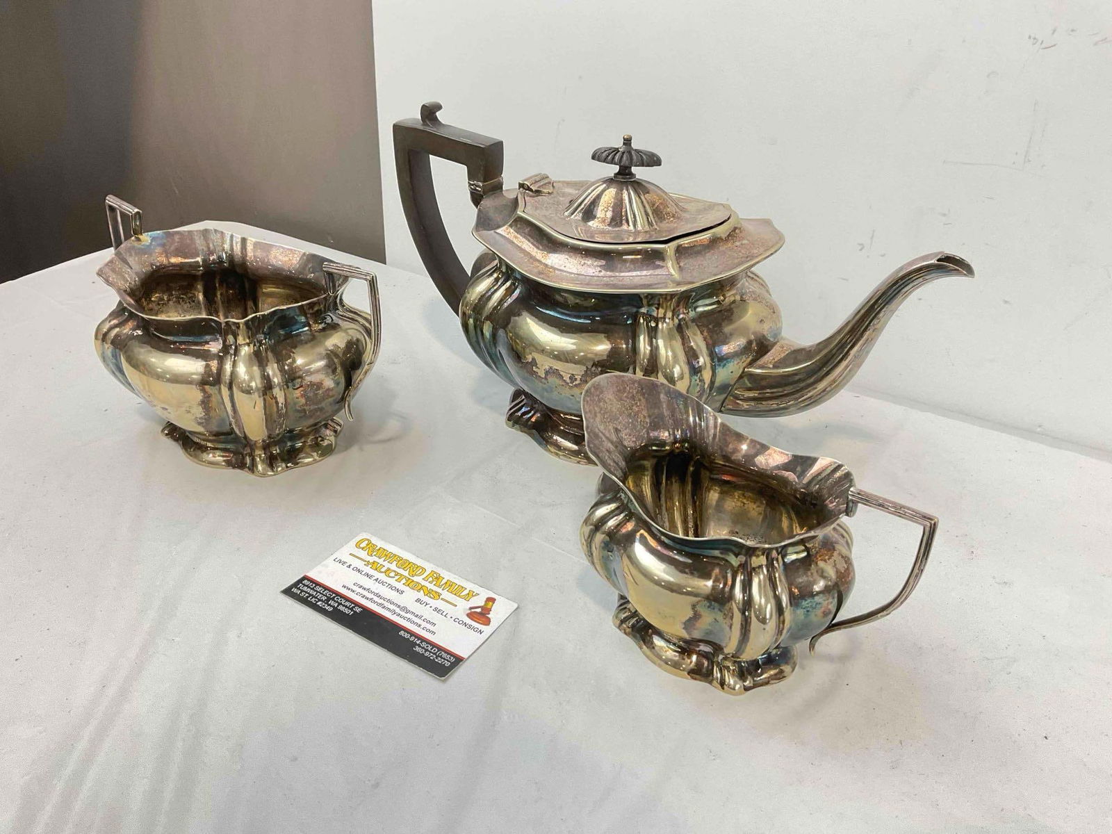 3 pcs Antique Sheffield Silver Plate Tea Set w/ Tea Pot, Creamer & Sugar Bowl. Very Good Cond. - 2