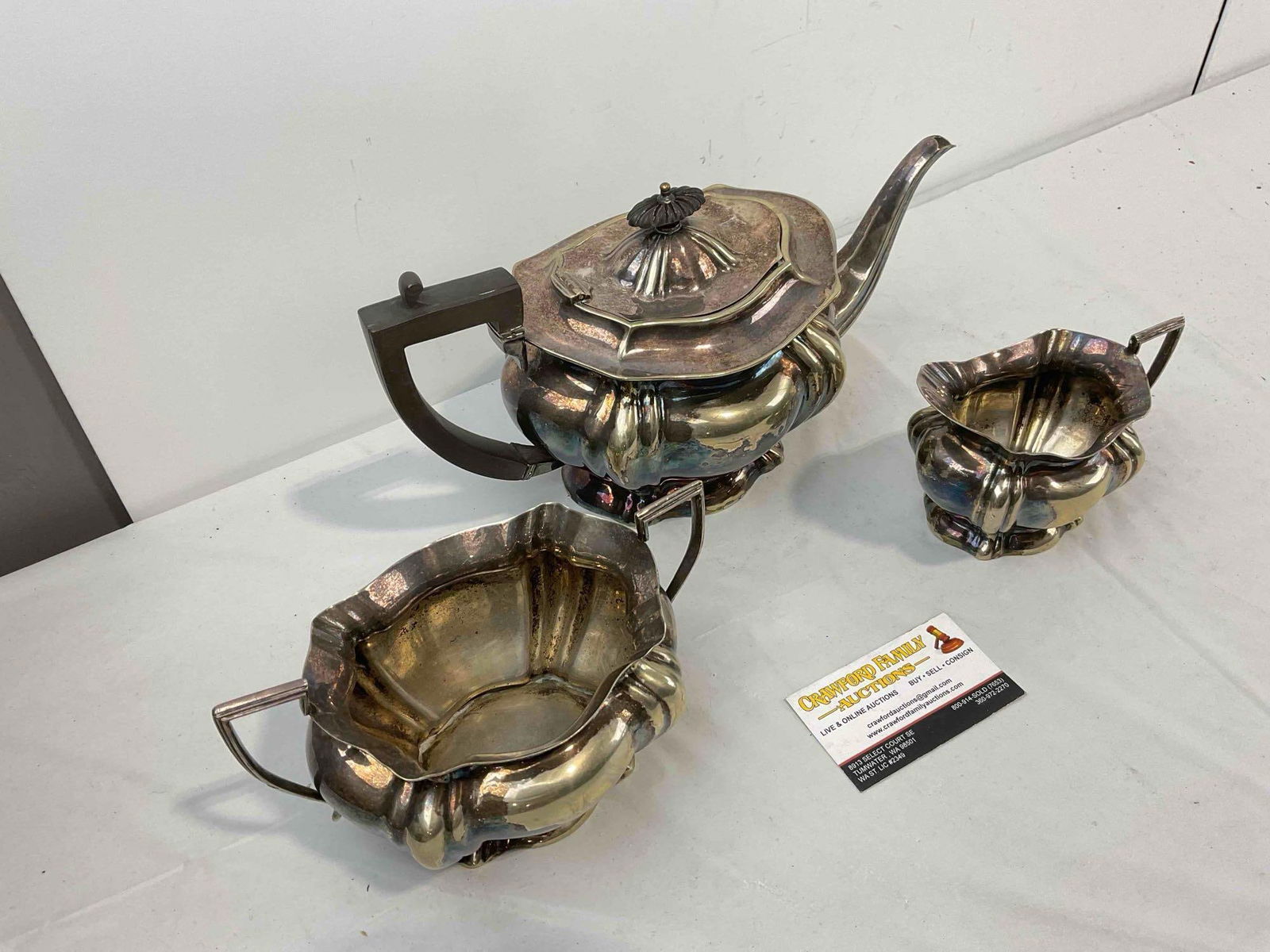 3 pcs Antique Sheffield Silver Plate Tea Set w/ Tea Pot, Creamer & Sugar Bowl. Very Good Cond. - 3