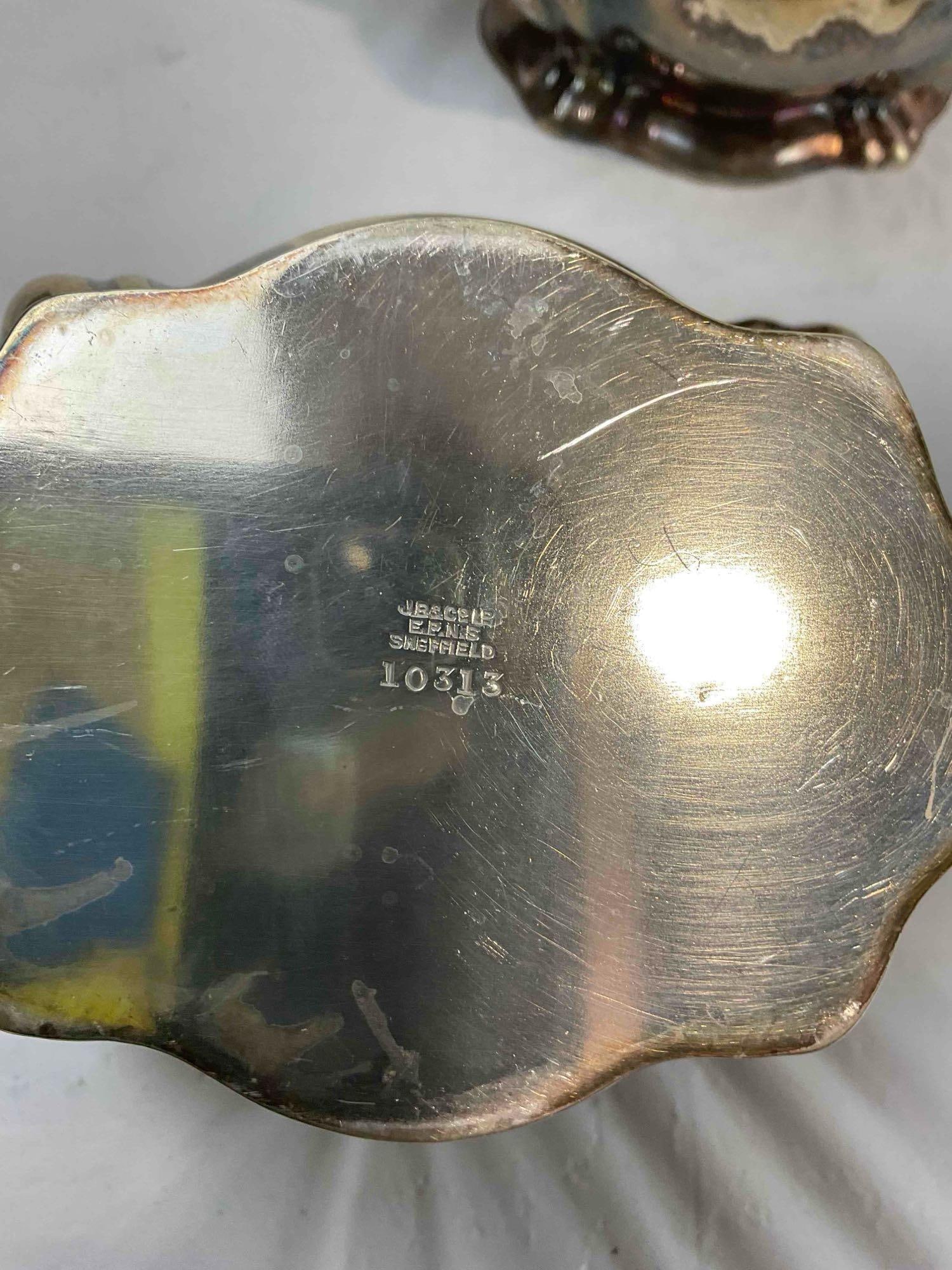 3 pcs Antique Sheffield Silver Plate Tea Set w/ Tea Pot, Creamer & Sugar Bowl. Very Good Cond. - 6