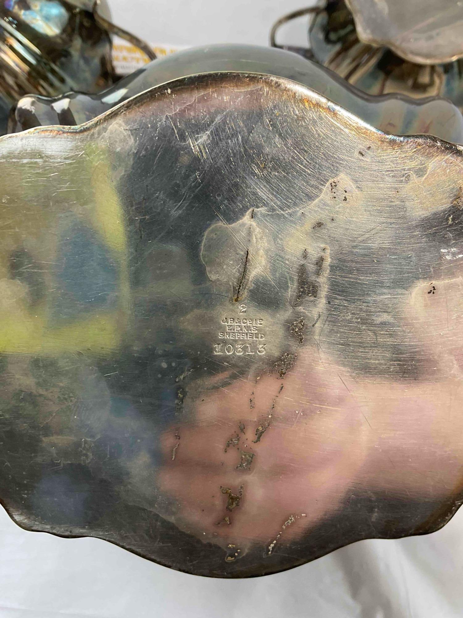 3 pcs Antique Sheffield Silver Plate Tea Set w/ Tea Pot, Creamer & Sugar Bowl. Very Good Cond. - 7