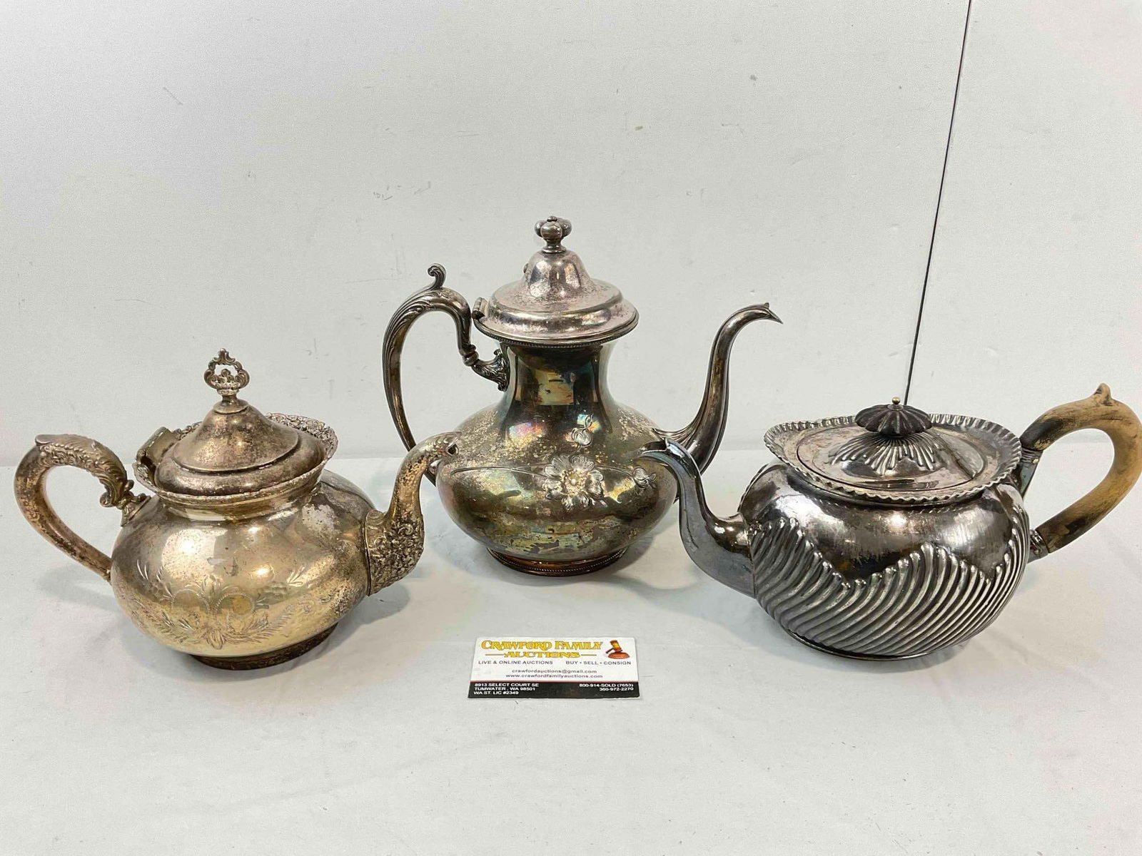 3 pcs Antique Silver Plated Tea Pots, incl. James Dixon & Sons, Van Bergh & Pairpoint. See pics (1 of 10)