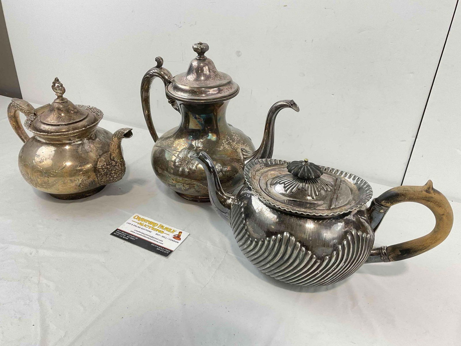 3 pcs Antique Silver Plated Tea Pots, incl. James Dixon & Sons, Van Bergh & Pairpoint. See pics - 2