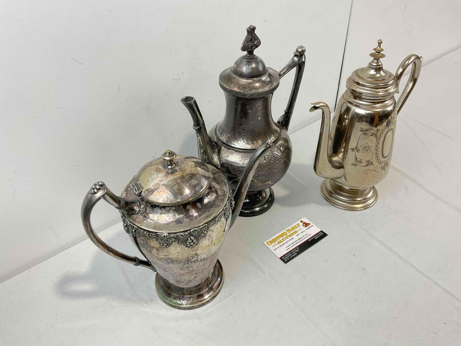 3 pcs Antique Silver Plated Tea Pots, incl. Crescent, Meriden & Engstrom. Very Good Condition. - 3