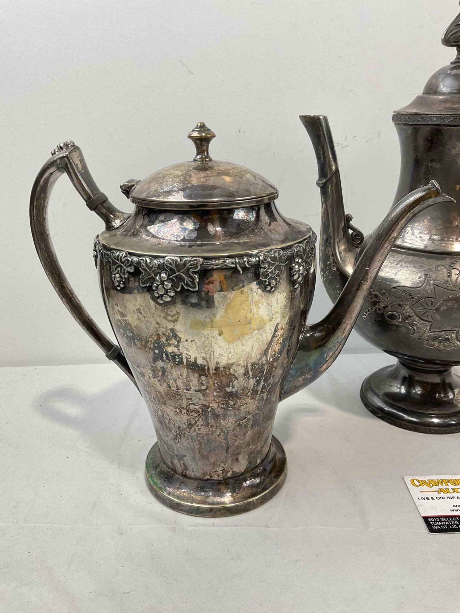 3 pcs Antique Silver Plated Tea Pots, incl. Crescent, Meriden & Engstrom. Very Good Condition. - 4