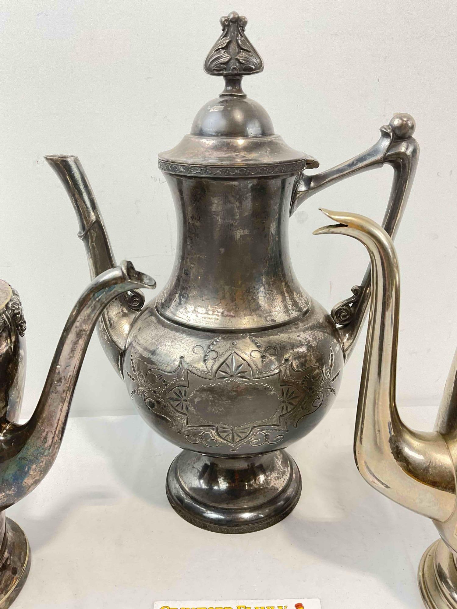3 pcs Antique Silver Plated Tea Pots, incl. Crescent, Meriden & Engstrom. Very Good Condition. - 5