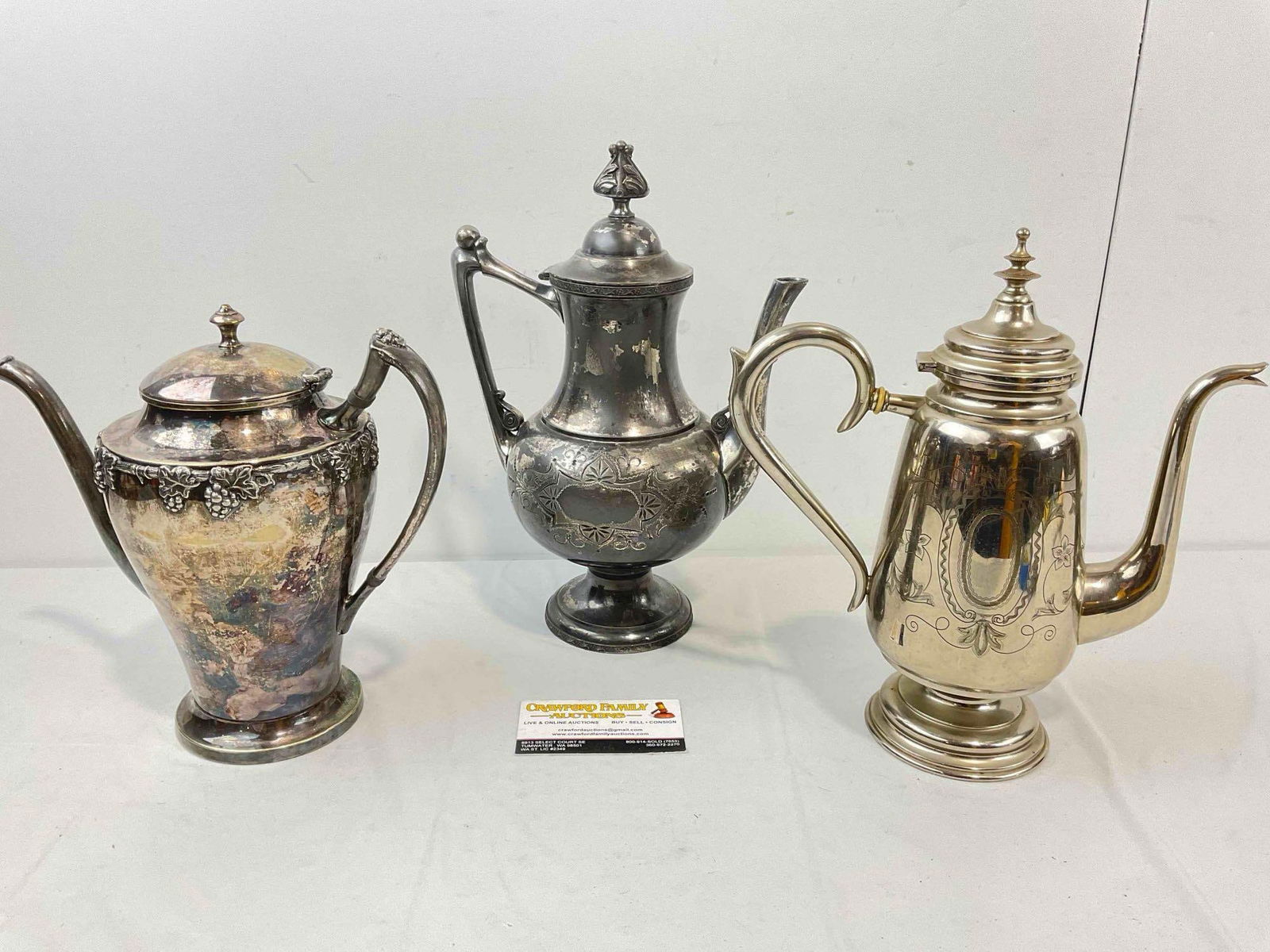 3 pcs Antique Silver Plated Tea Pots, incl. Crescent, Meriden & Engstrom. Very Good Condition. - 7