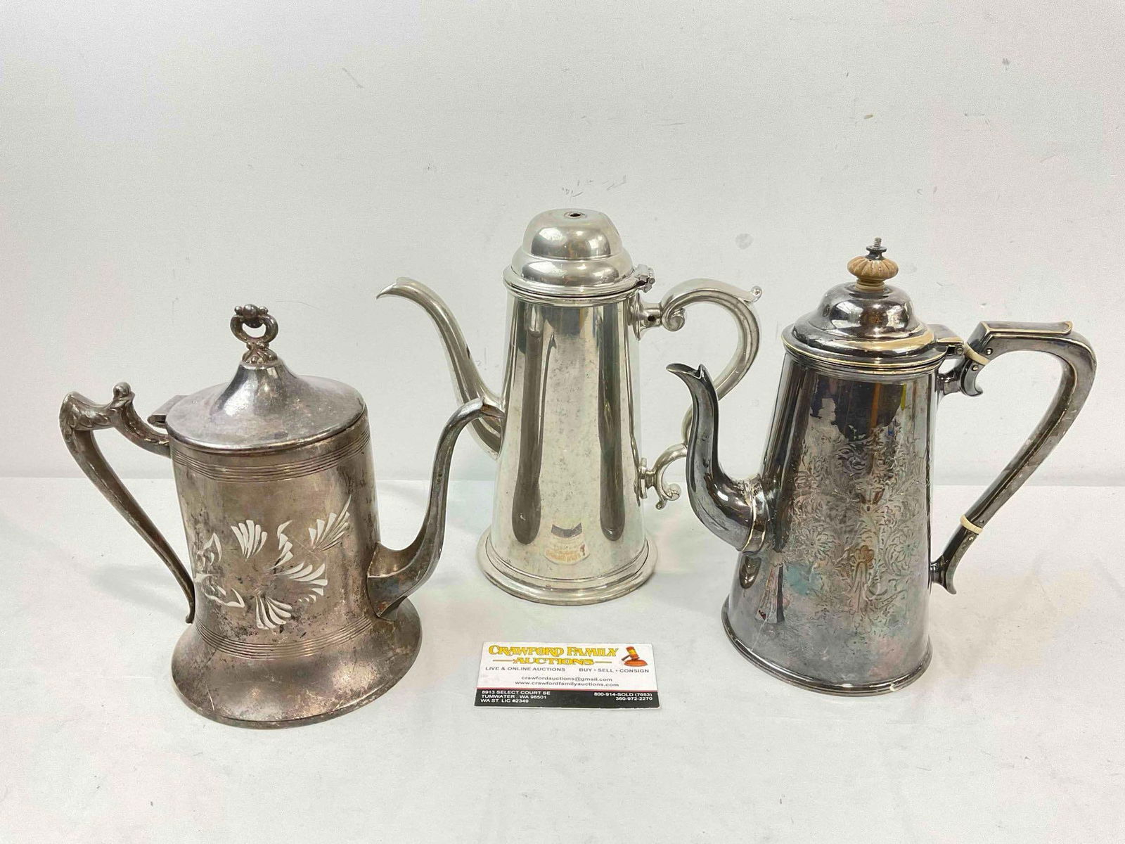 3 pcs Vintage Tea Pots, incl. 2x Silver Plate & 1x Pewter. Sheffield & Sportcraft Makers. See pics. (1 of 10)