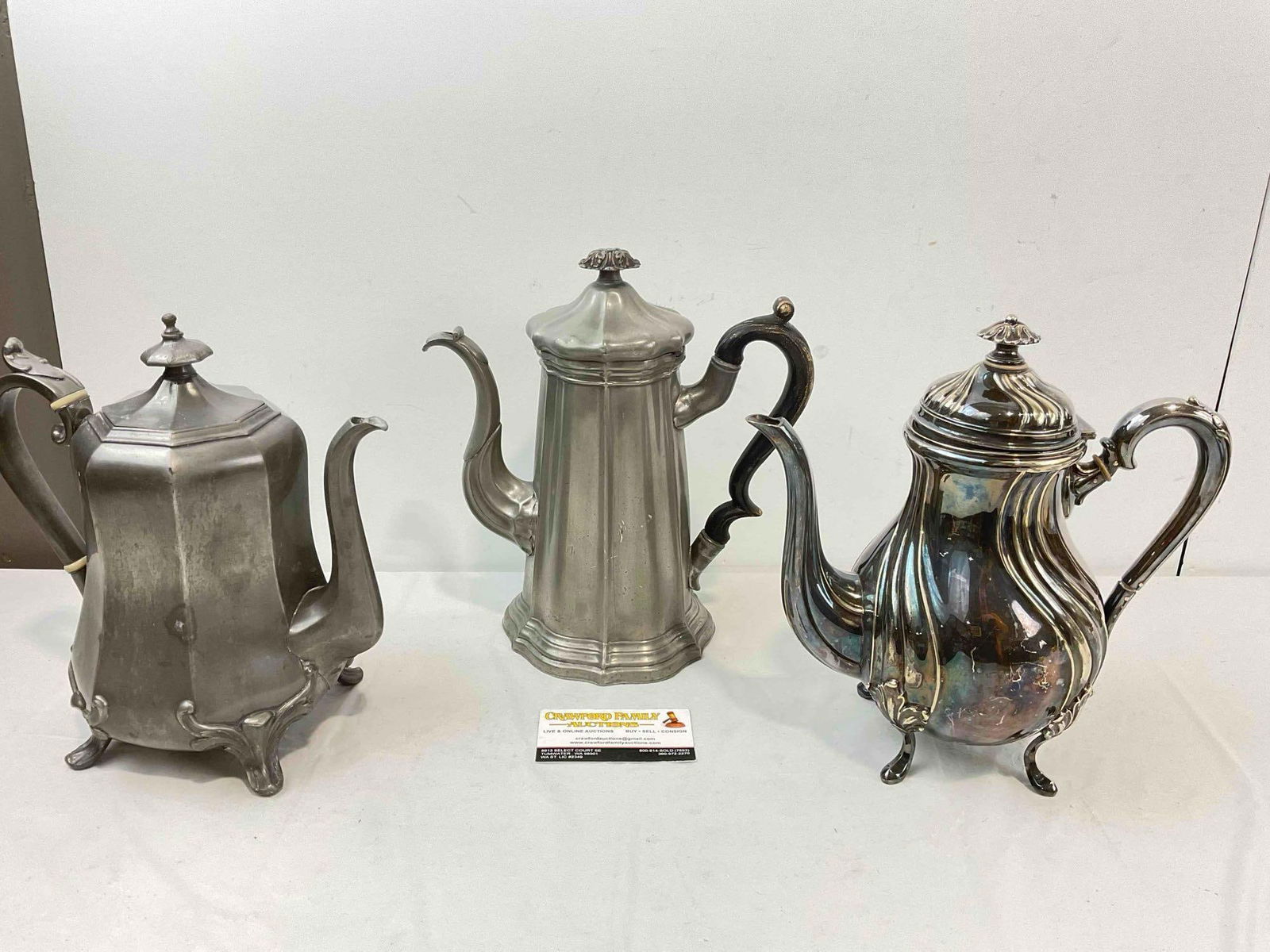 3 pcs Antique Silver Plated Tea Pots, incl. 1x Alpacca, 2x James Dixon & Son. Very Good Cond. (1 of 10)