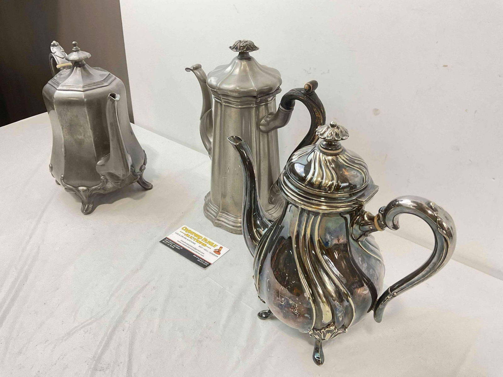 3 pcs Antique Silver Plated Tea Pots, incl. 1x Alpacca, 2x James Dixon & Son. Very Good Cond. - 2