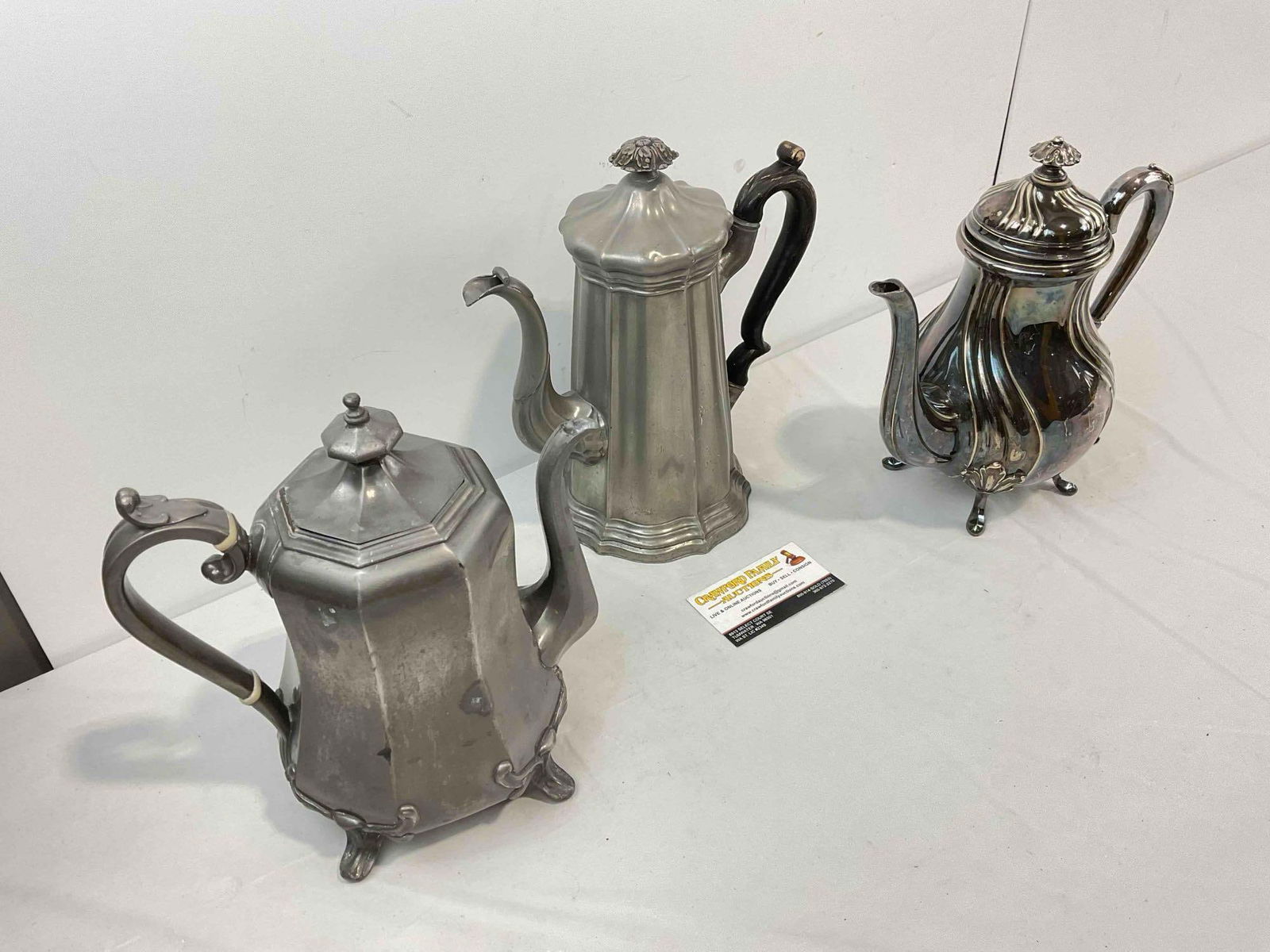 3 pcs Antique Silver Plated Tea Pots, incl. 1x Alpacca, 2x James Dixon & Son. Very Good Cond. - 3