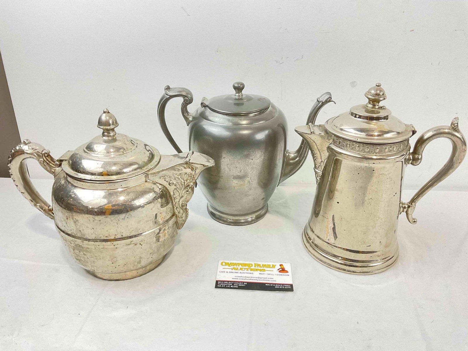 3 pcs Vintage Metal Tea Pots, incl. 1x Silvercraft Pewter & 1x Rochester Silver Plated. See pics. (1 of 10)
