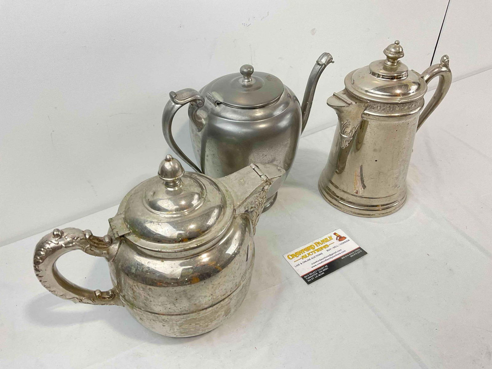 3 pcs Vintage Metal Tea Pots, incl. 1x Silvercraft Pewter & 1x Rochester Silver Plated. See pics. - 3
