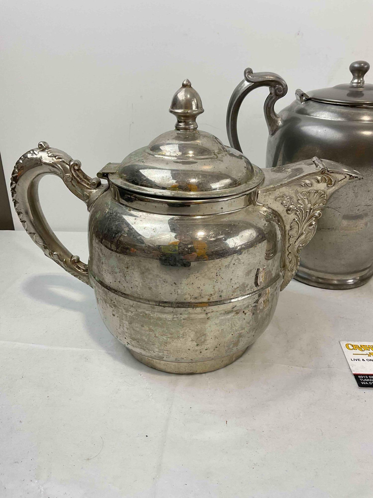 3 pcs Vintage Metal Tea Pots, incl. 1x Silvercraft Pewter & 1x Rochester Silver Plated. See pics. - 4