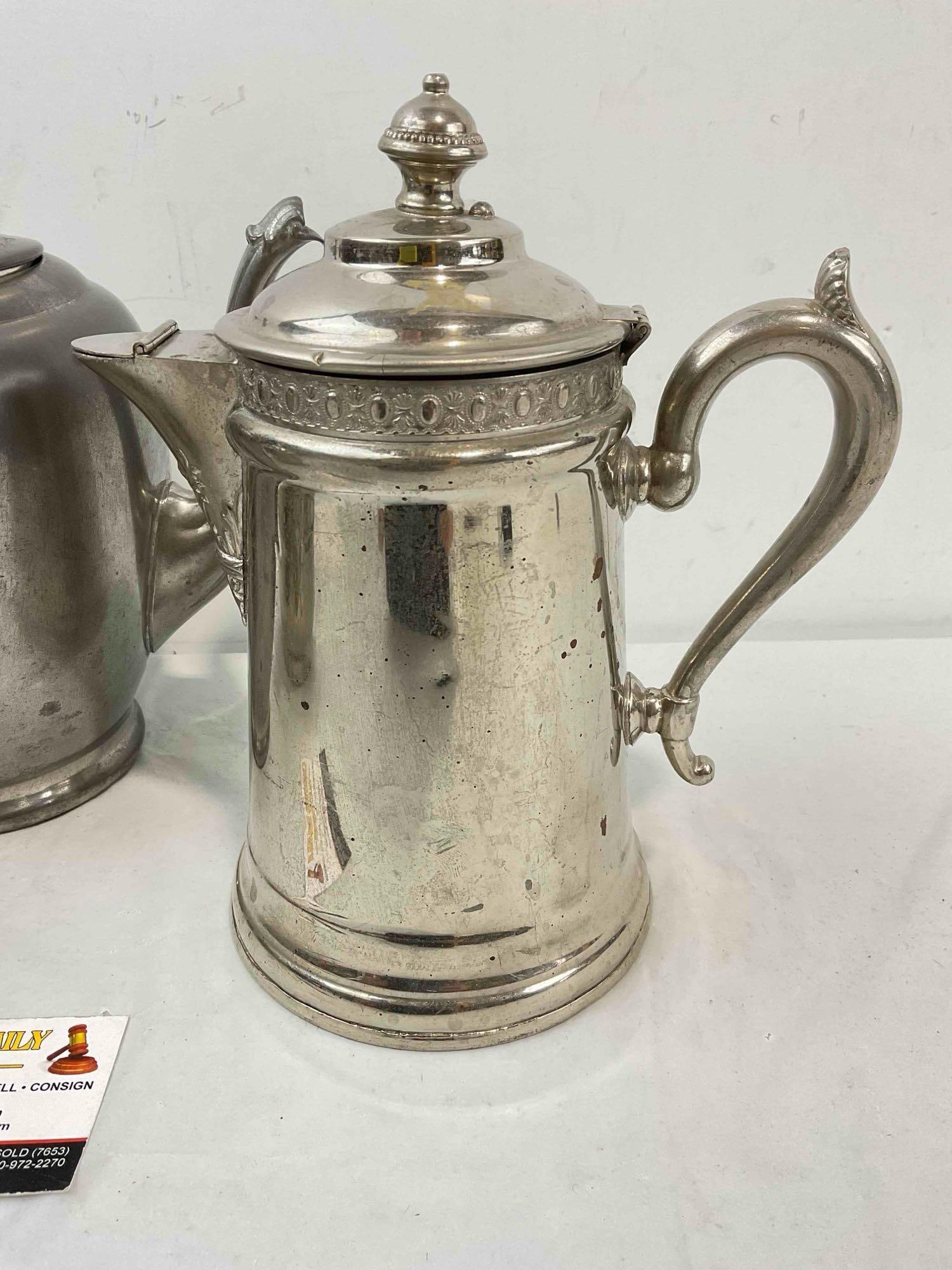 3 pcs Vintage Metal Tea Pots, incl. 1x Silvercraft Pewter & 1x Rochester Silver Plated. See pics. - 6