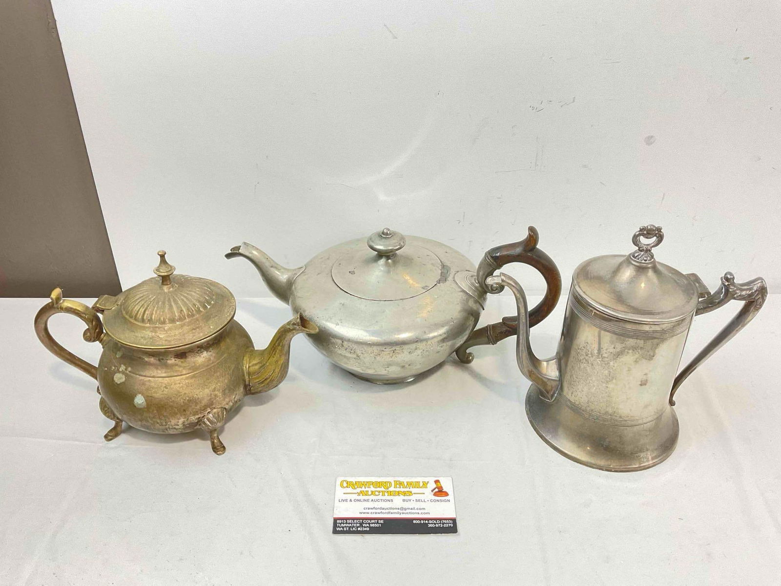 3 pcs Vintage Metal Tea Pots, incl. 1x Brass & 2x Silver Plated, incl. James Dixon & Son. See pics. (1 of 10)