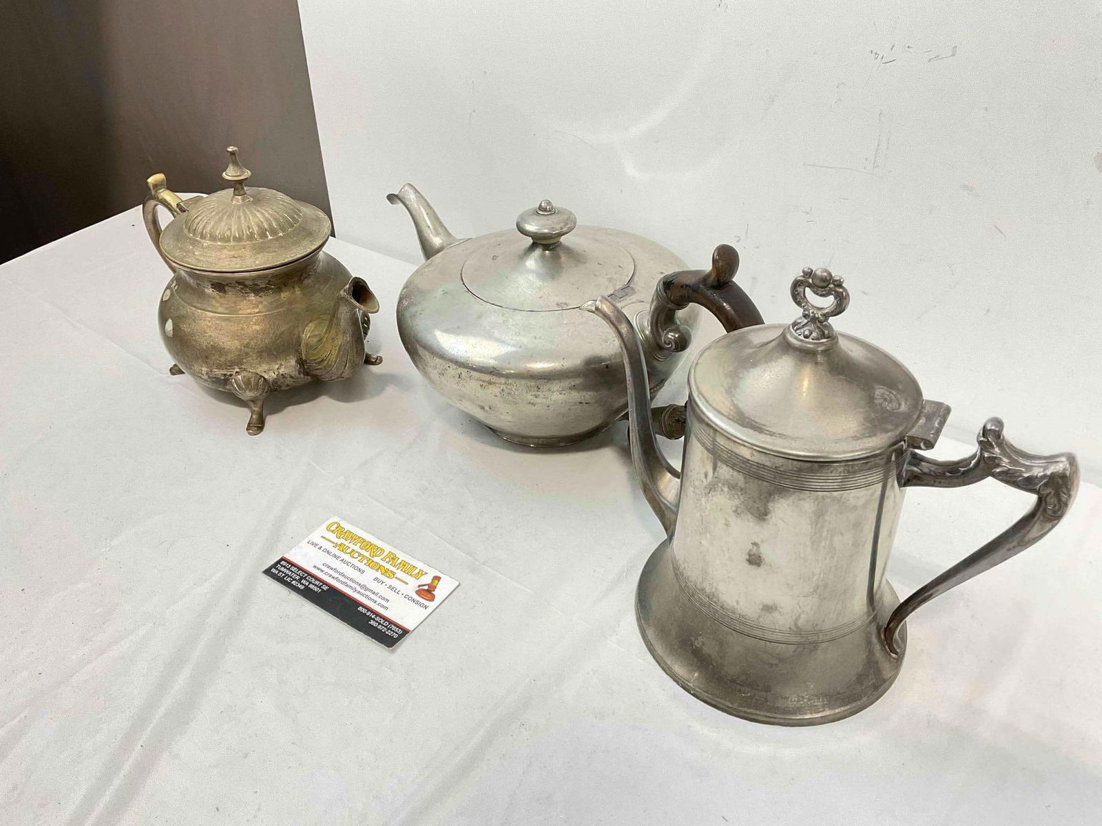 3 pcs Vintage Metal Tea Pots, incl. 1x Brass & 2x Silver Plated, incl. James Dixon & Son. See pics. - 2